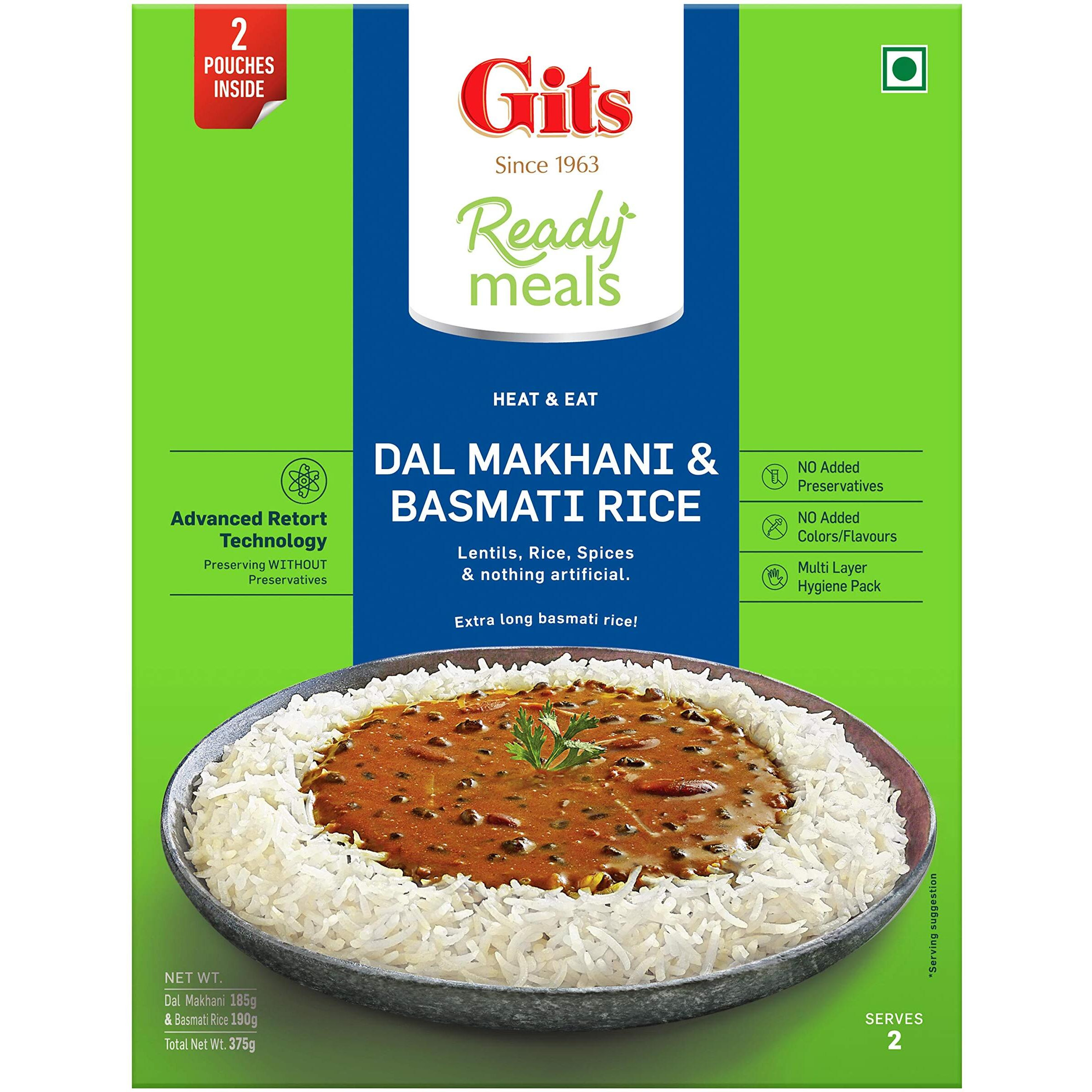 Gits Ready to Eat Basmati Rice + Dal Makhani Combo Indian Meal, Pure Veg Heat and Eat, 1125g (Pack of 3 X 375g Each)