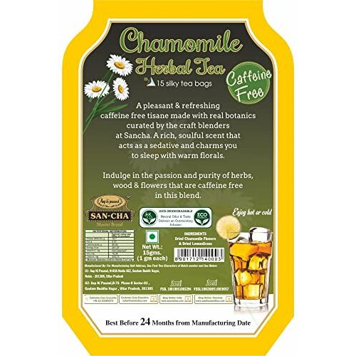 SAN-CHA Tea Boutique Pure Chamomile Herbal Tea Bags, Caffeine Free (Pack Of 15) Pyramid Tea Bags,100% Biodegradable, Plastic Free Tea Bags, Sleep Tea, Bed Time Tea, 20 Gram