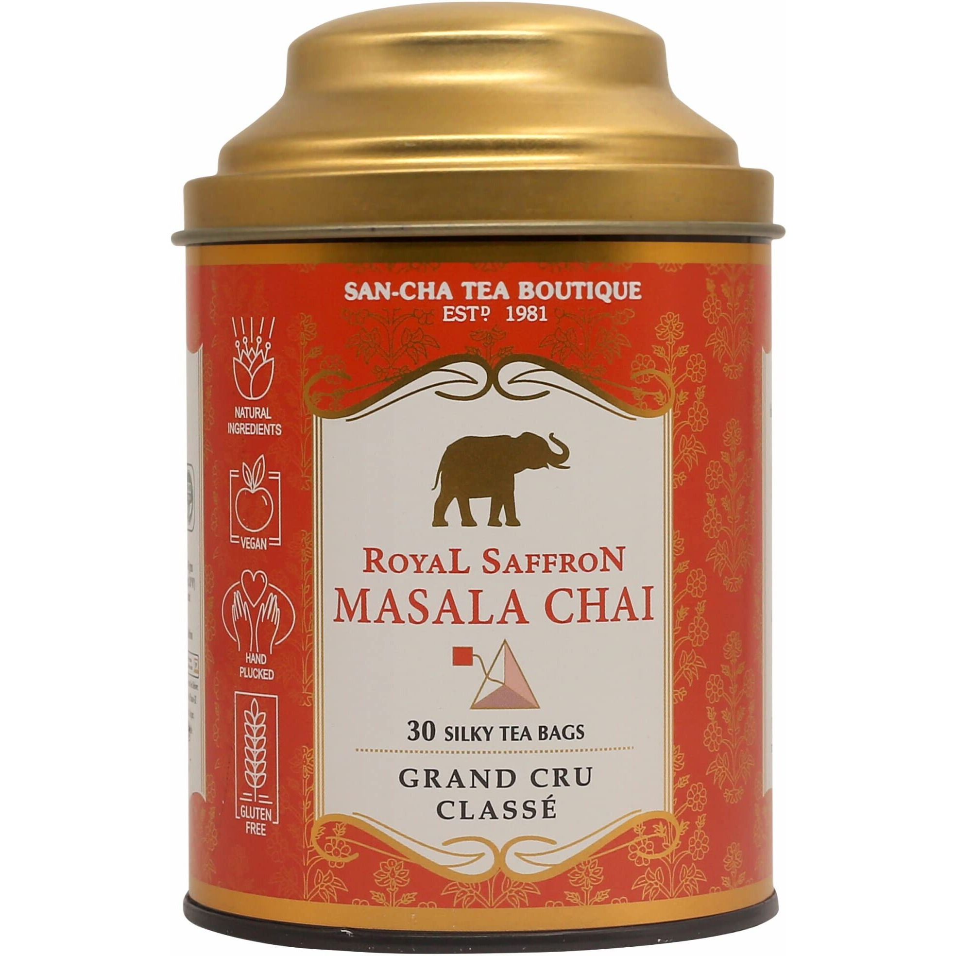 SAN-CHA Tea Boutique, Royal Saffron Masala Chai, 30 Pyramid Tea Bags, Real Saffron, Cardamom, Ginger & Cinnamon, Chai Patti, Kesar Chai, Real Kesar Tea, 80 Gram