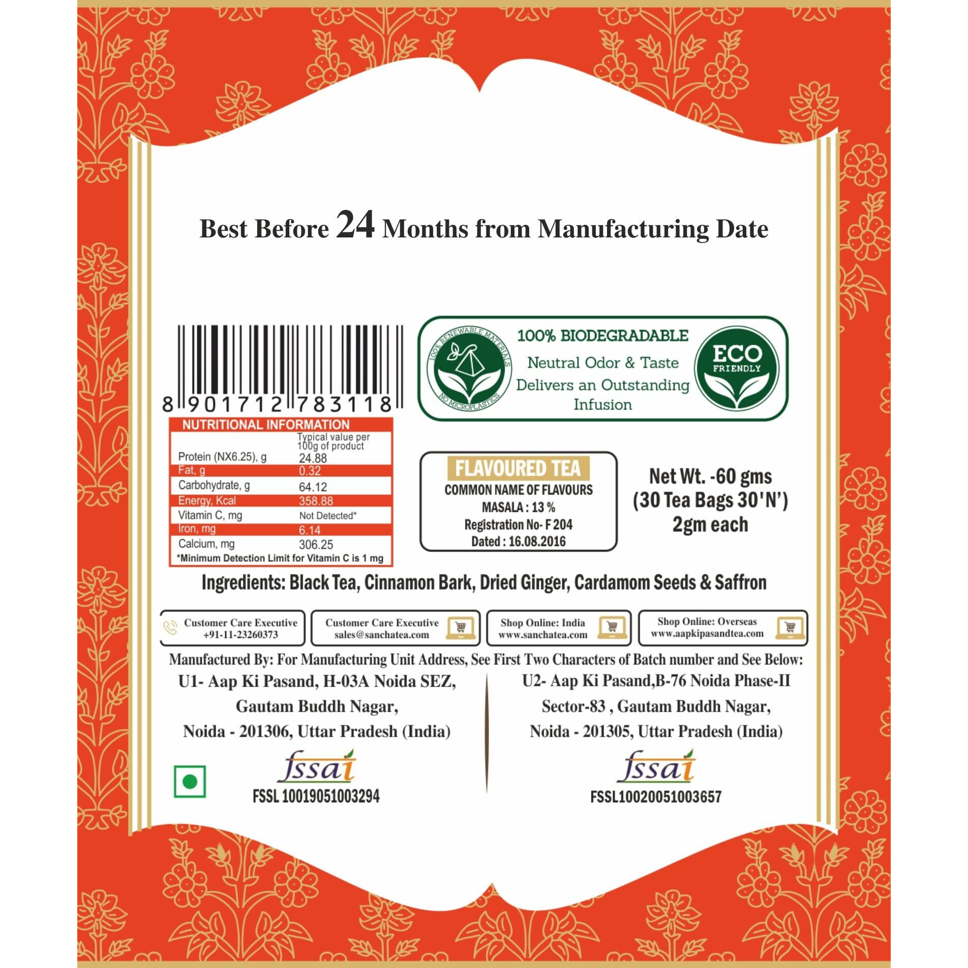 SAN-CHA Tea Boutique, Royal Saffron Masala Chai, 30 Pyramid Tea Bags, Real Saffron, Cardamom, Ginger & Cinnamon, Chai Patti, Kesar Chai, Real Kesar Tea, 80 Gram