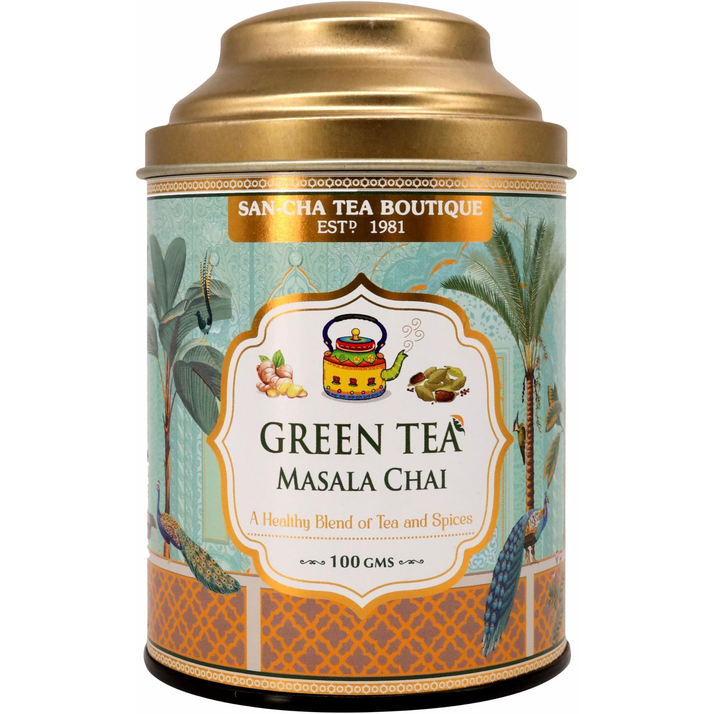 SAN-CHA Tea Boutique Green Tea Masala Chai, Cardamom, Pepper, Ginger, Cinnamon, Rose Blend, Spiced Tea, Chai Patti, Chai Masala, 560 Gram
