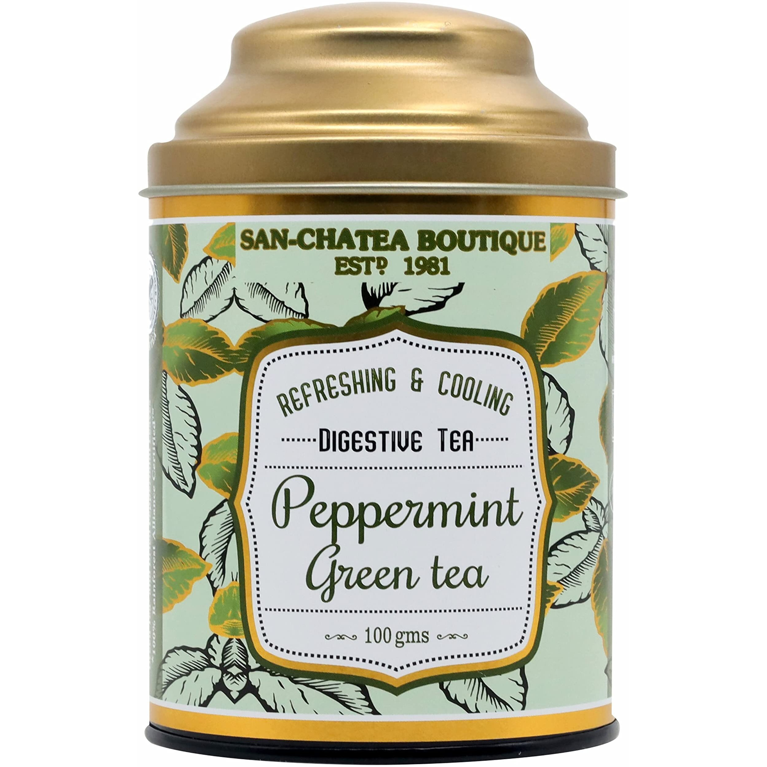 Sancha Tea Boutique Peppermint Green Tea, 100gm Loose Leaf Tea, Real Peppermint Leaves, Green Tea for Feeling Refreshed, Green Tea Immune, Low Bitterness Tea