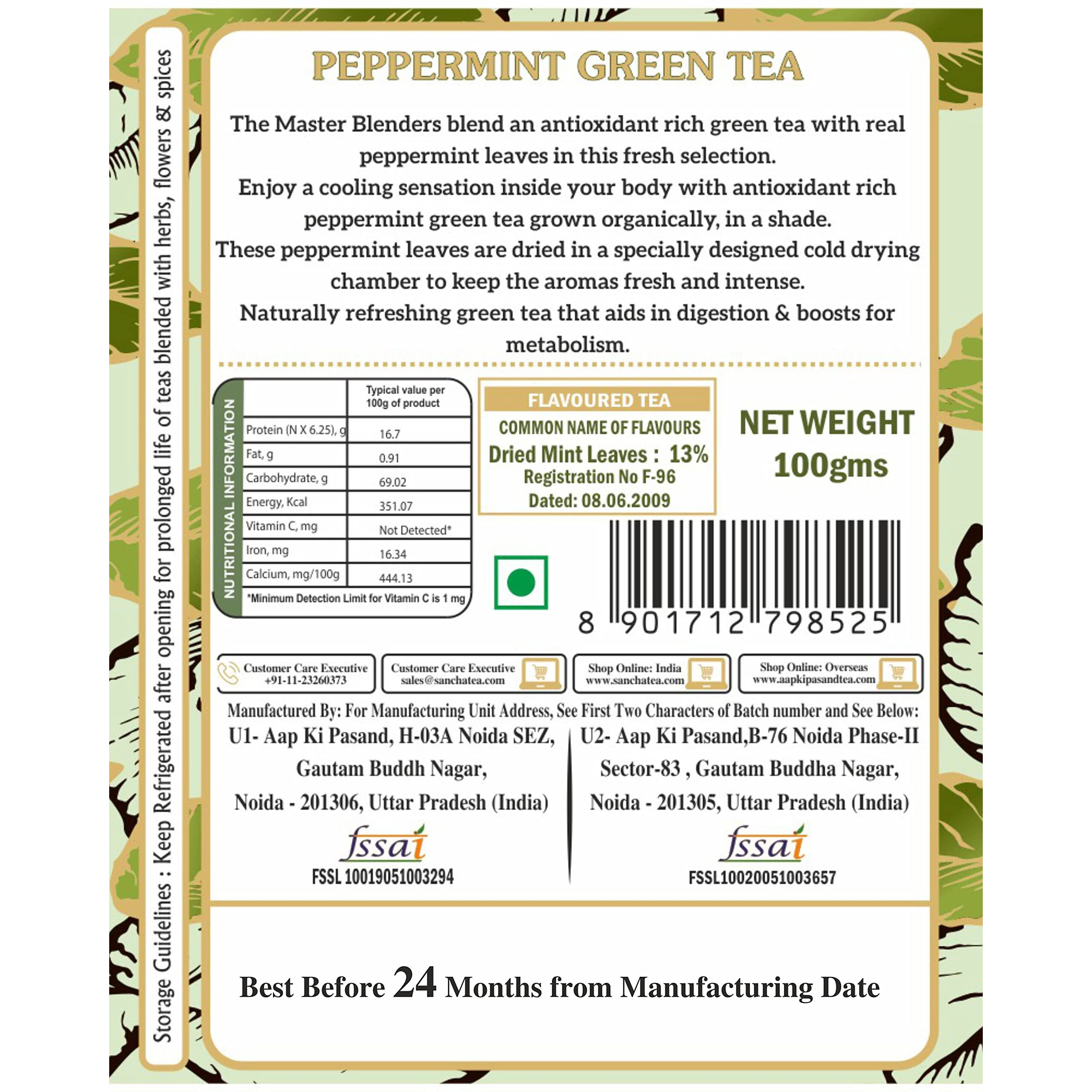 Sancha Tea Boutique Peppermint Green Tea, 100gm Loose Leaf Tea, Real Peppermint Leaves, Green Tea for Feeling Refreshed, Green Tea Immune, Low Bitterness Tea
