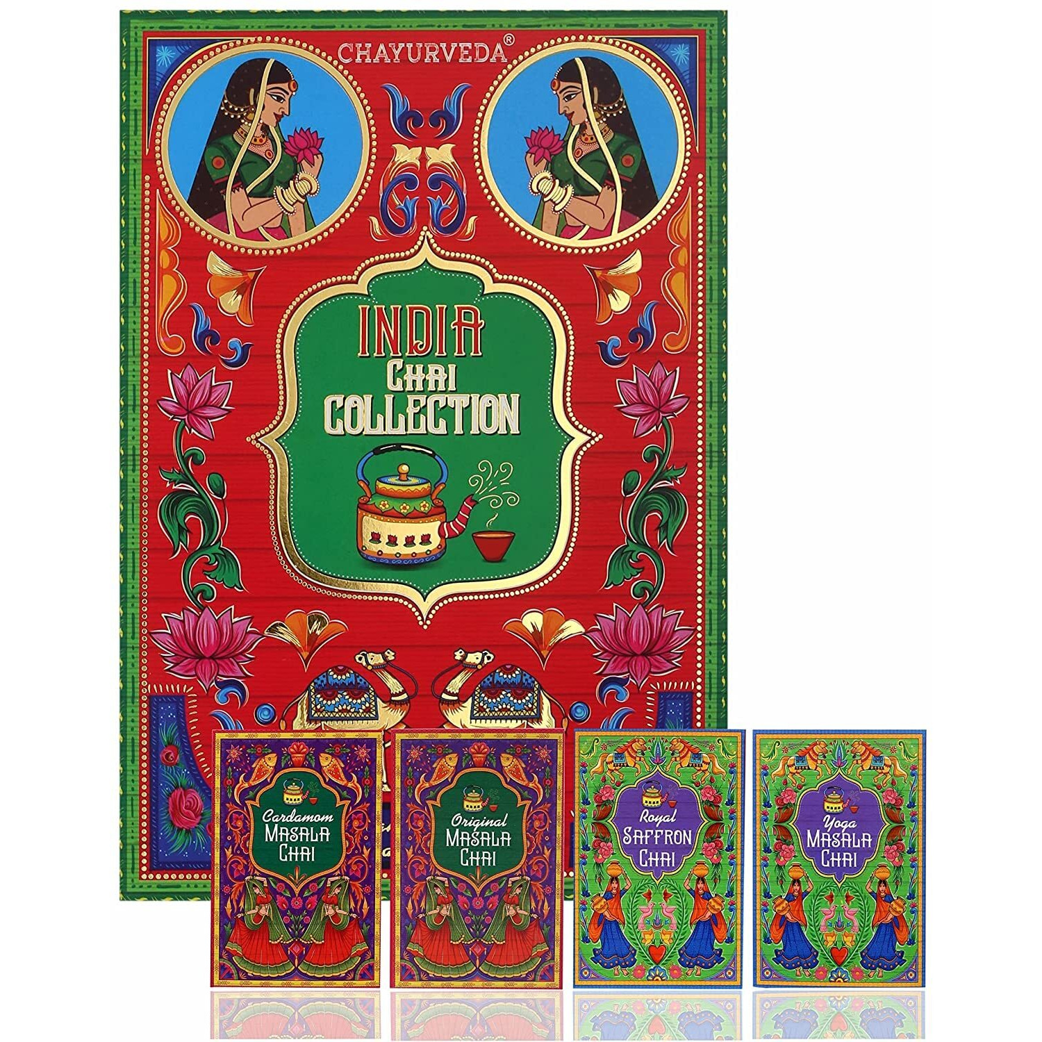 SAN-CHA Tea Boutique|India Chai Collection Box|Saffron Masala Chai,Cardamom Masala Chai,Ginger Masala Chai & Yoga Tea (125Cups)|Tea Assortment|Tea Variety Pack|Tea Sampler-Chai Tea,Loose Leaves, 50 Gm