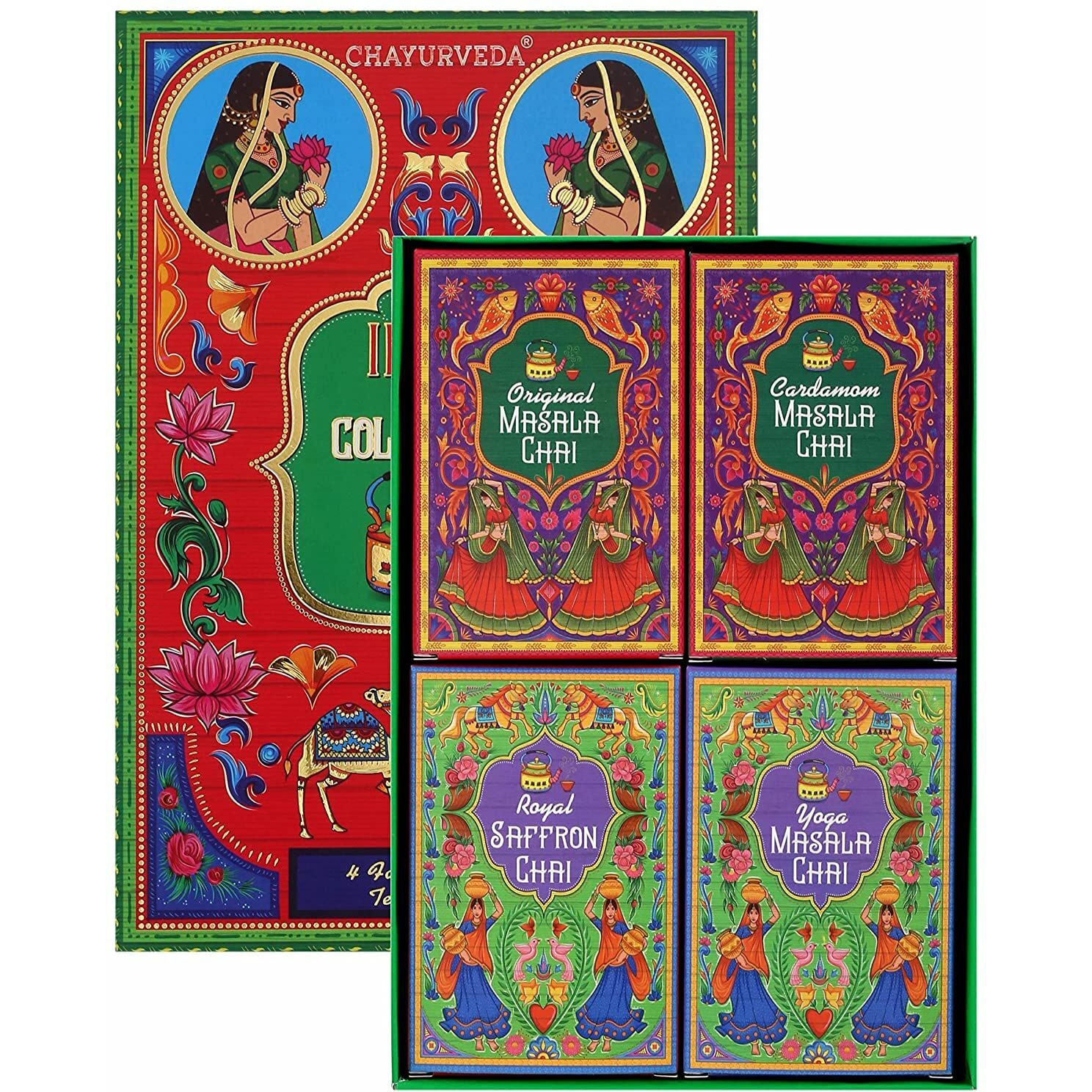 SAN-CHA Tea Boutique|India Chai Collection Box|Saffron Masala Chai,Cardamom Masala Chai,Ginger Masala Chai & Yoga Tea (125Cups)|Tea Assortment|Tea Variety Pack|Tea Sampler-Chai Tea,Loose Leaves, 50 Gm