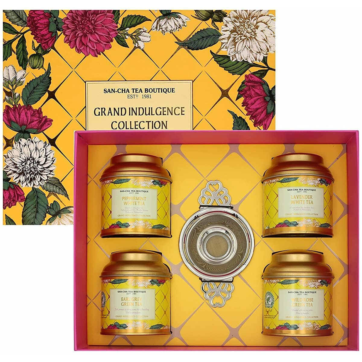 SAN-CHA Tea Boutique, Grand Indulgence Collection, Tea Gift Box, 2 White Teas, 2 Green Teas & A Tea Infuser, 900 Gram