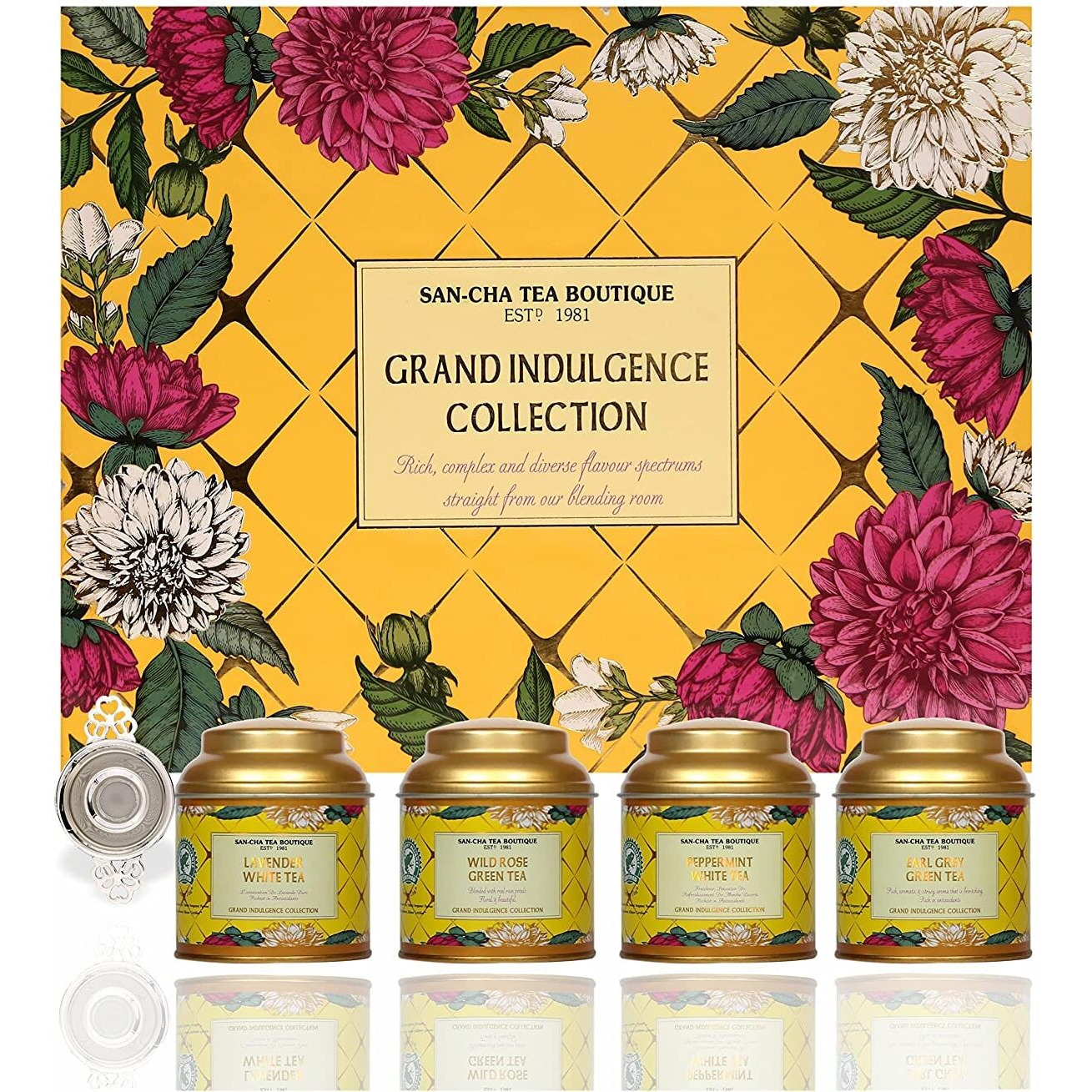 SAN-CHA Tea Boutique, Grand Indulgence Collection, Tea Gift Box, 2 White Teas, 2 Green Teas & A Tea Infuser, 900 Gram