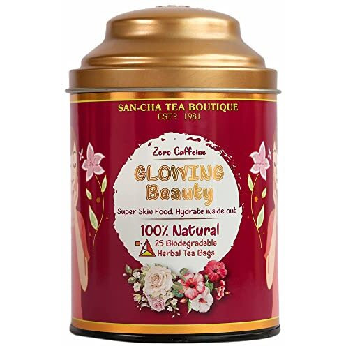 SAN-CHA Tea Boutique Glowing Beauty Tea,Herbal Tea Bags,Caffeine Free (Pack Of 25) 100% Biodegradable Pyramid Tea Bags,Helps Skin Detox For Rich Clear Glowing Skin, 25 grams
