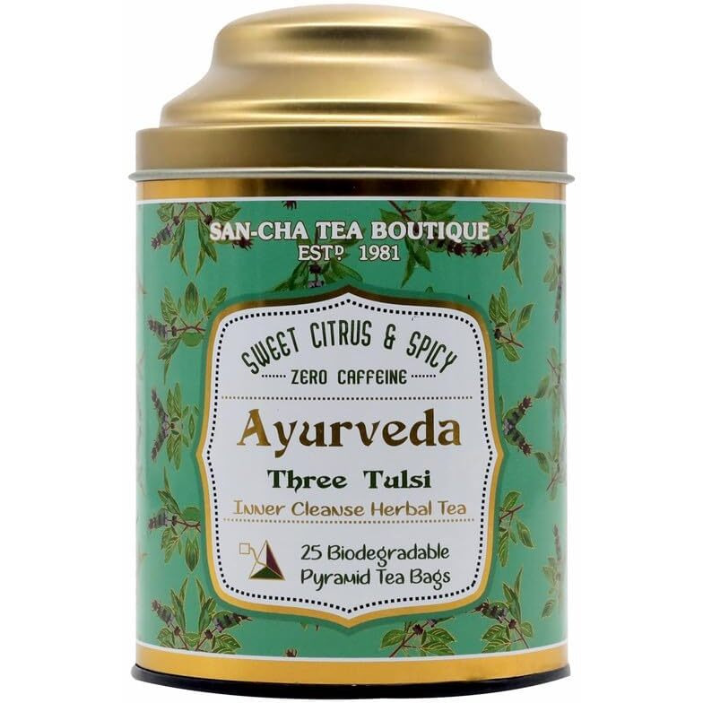 SAN-CHA Tea Boutique, Ayurveda Tea, Tulsi Tea, 25 Pyramid Tea Bags, Rama+ Shyama+ Vana Tulsi Blend, Natural Immunity Boosting Tea, Green Tea, 200 Gram