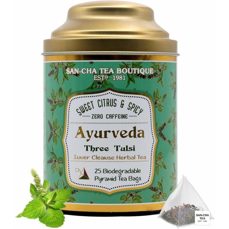 SAN-CHA Tea Boutique, Ayurveda Tea, Tulsi Tea, 25 Pyramid Tea Bags, Rama+ Shyama+ Vana Tulsi Blend, Natural Immunity Boosting Tea, Green Tea, 200 Gram