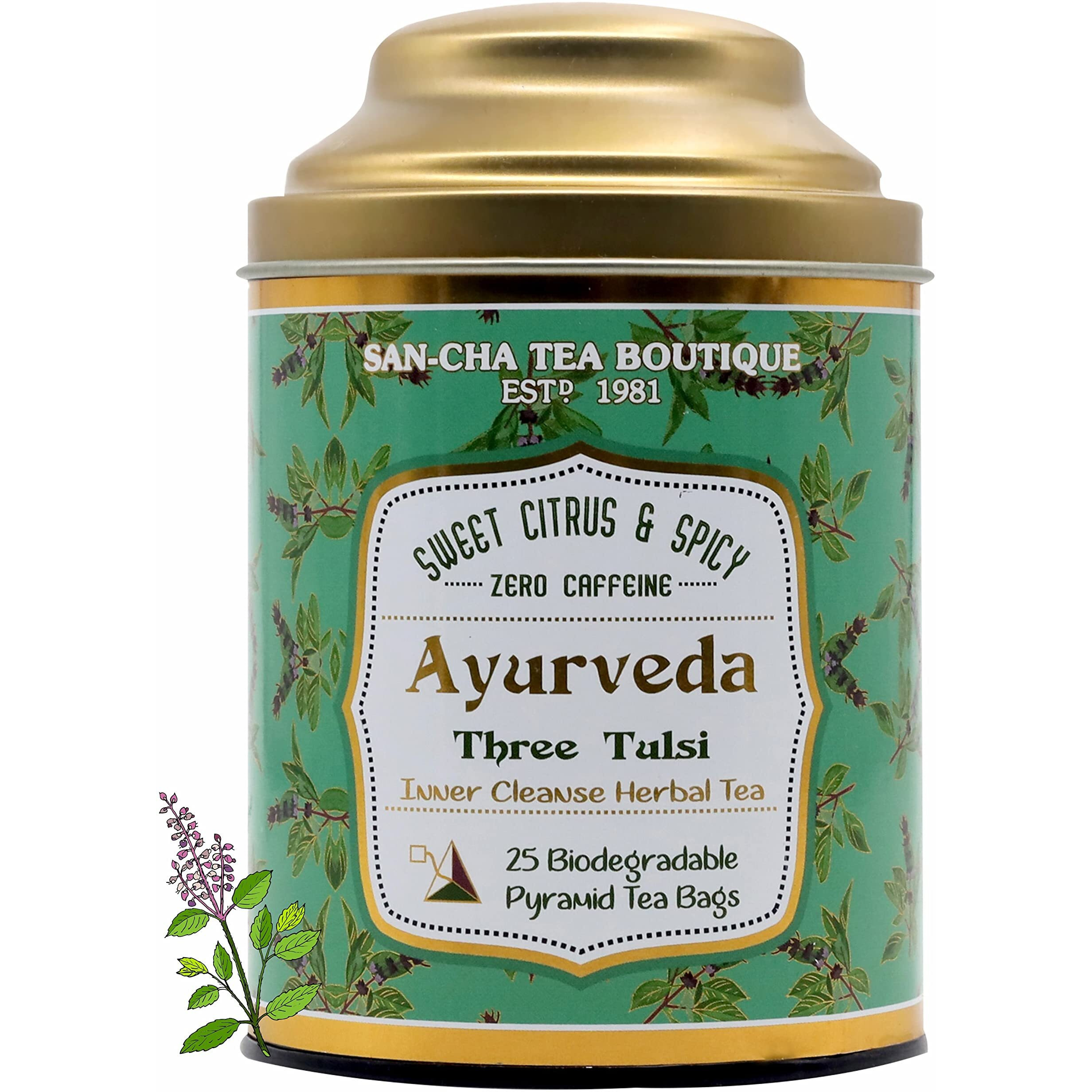 SAN-CHA Tea Boutique, Ayurveda Tea, Tulsi Tea, 25 Pyramid Tea Bags, Rama+ Shyama+ Vana Tulsi Blend, Natural Immunity Boosting Tea, Green Tea, 200 Gram