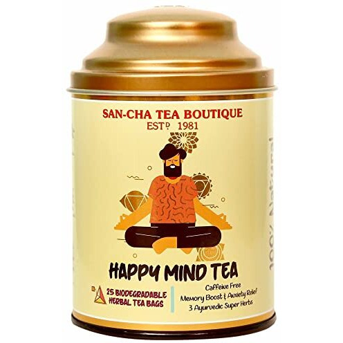 SAN-CHA Sancha Tea Boutique Happy Mind Tea, Caffeine Free Herbal Tea Bags, 25 Pyramid Tea Bags, All Natural Herbs For An Alert Mind, Indian Ginseng Tea, 140 Grams