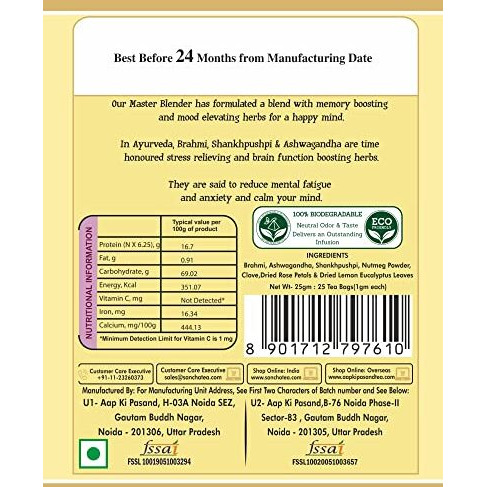 SAN-CHA Sancha Tea Boutique Happy Mind Tea, Caffeine Free Herbal Tea Bags, 25 Pyramid Tea Bags, All Natural Herbs For An Alert Mind, Indian Ginseng Tea, 140 Grams