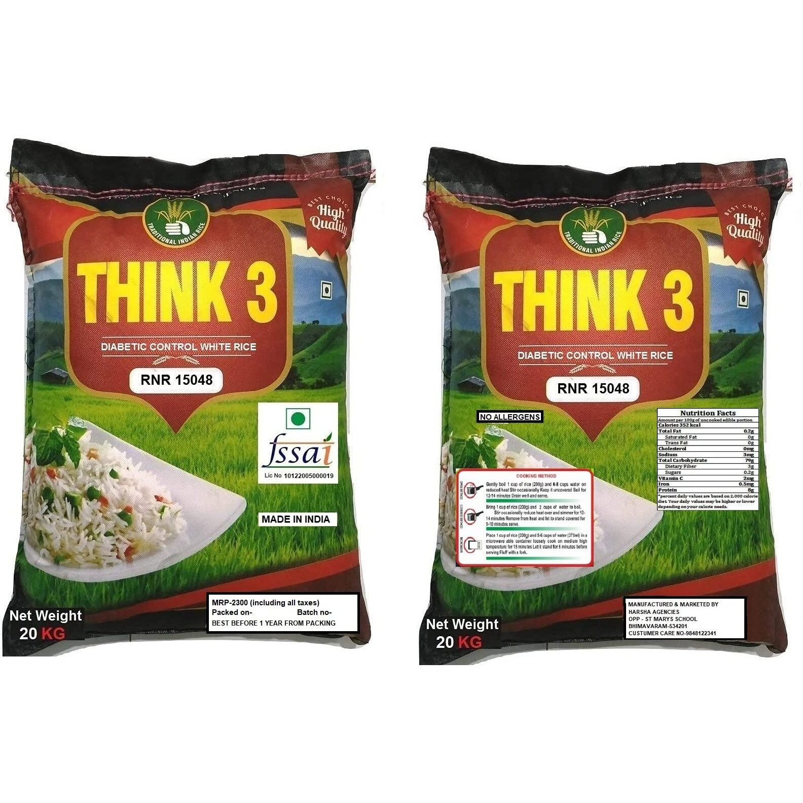 THINK3 Diabetic Control White Rice RNR 15048 with Low glycemic Index (20 kg)