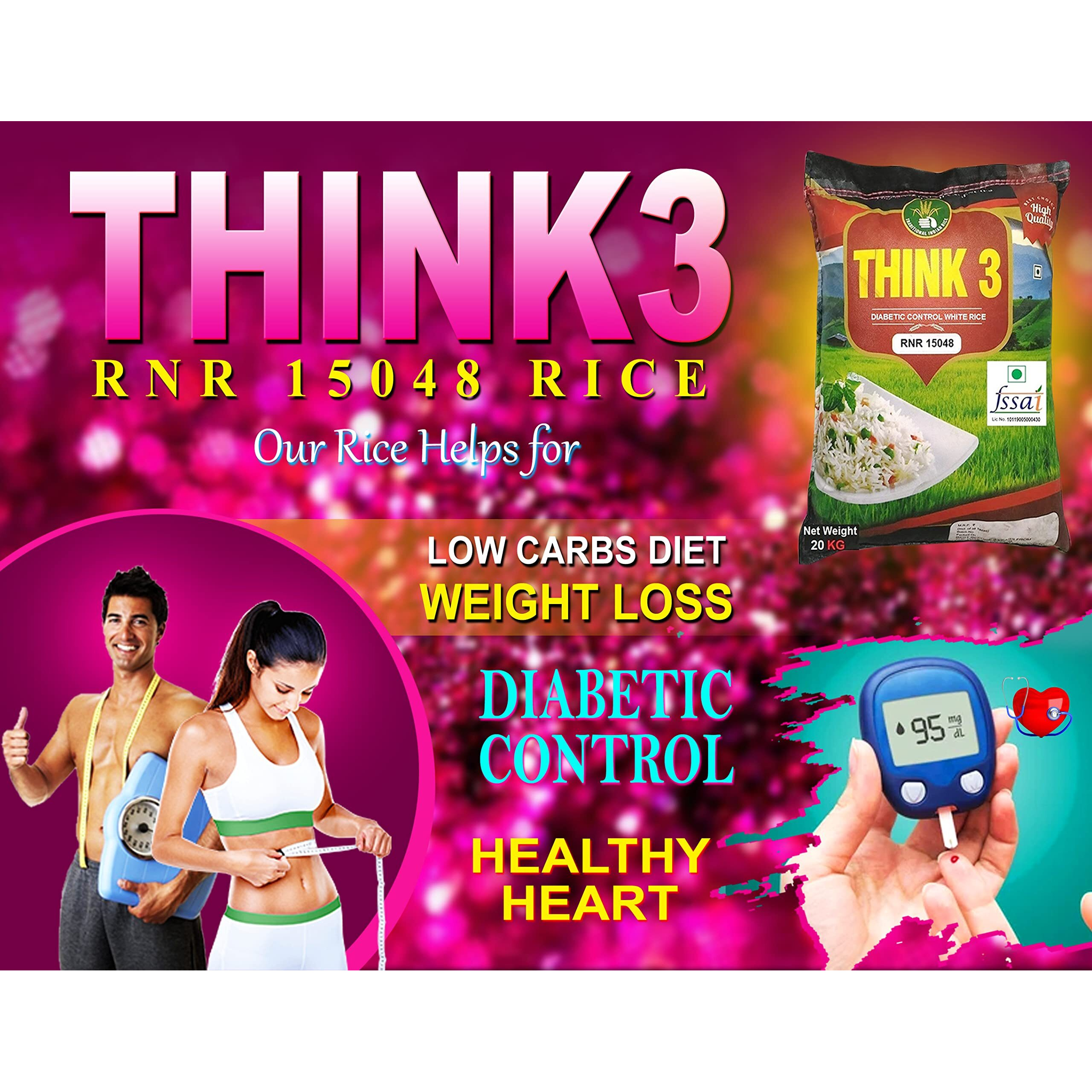 THINK3 Diabetic Control White Rice RNR 15048 with Low glycemic Index (20 kg)