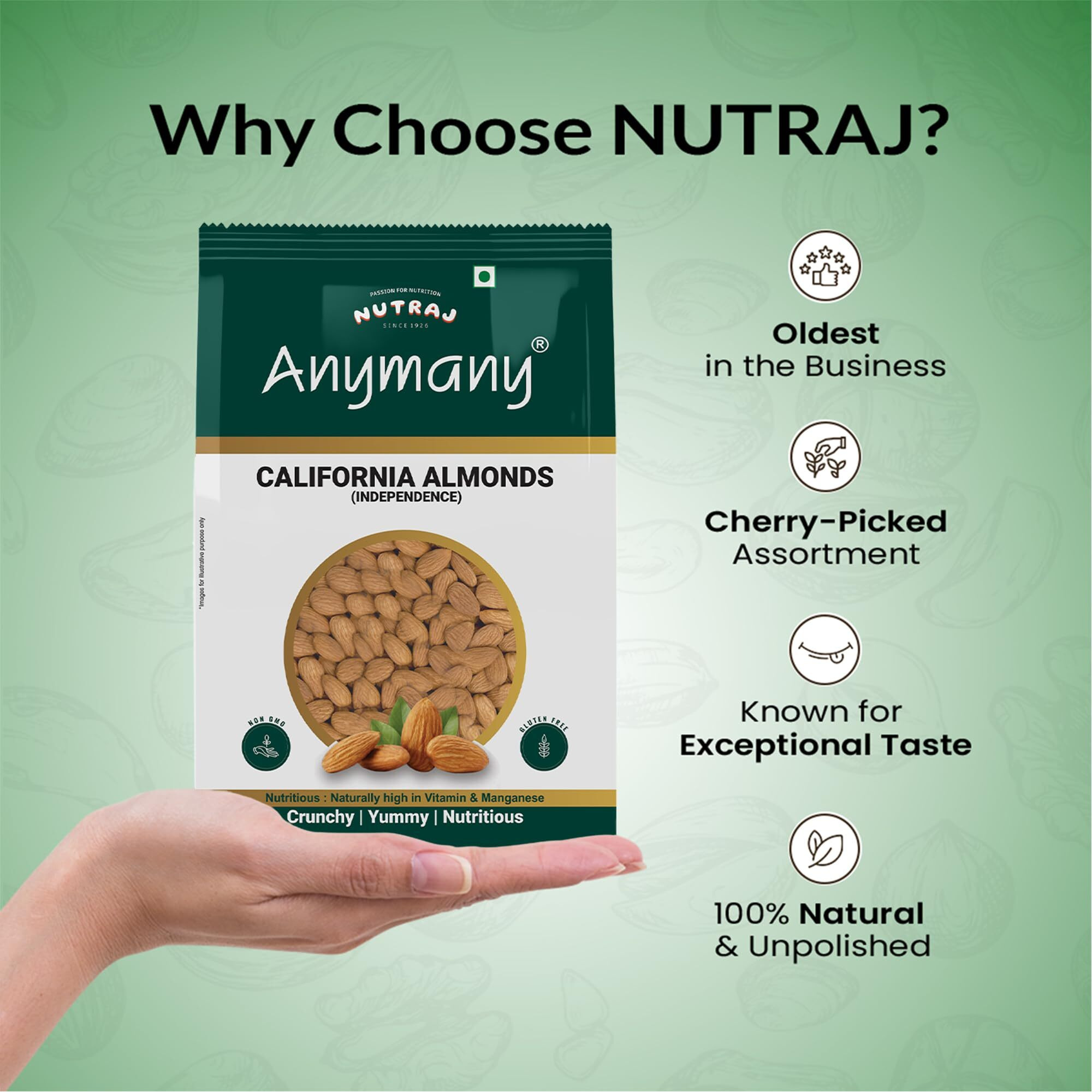 Nutraj Anymany California Almonds (Badam Giri) 1kg Pouch - Raw | Dry Fruits and Nuts | Grocery