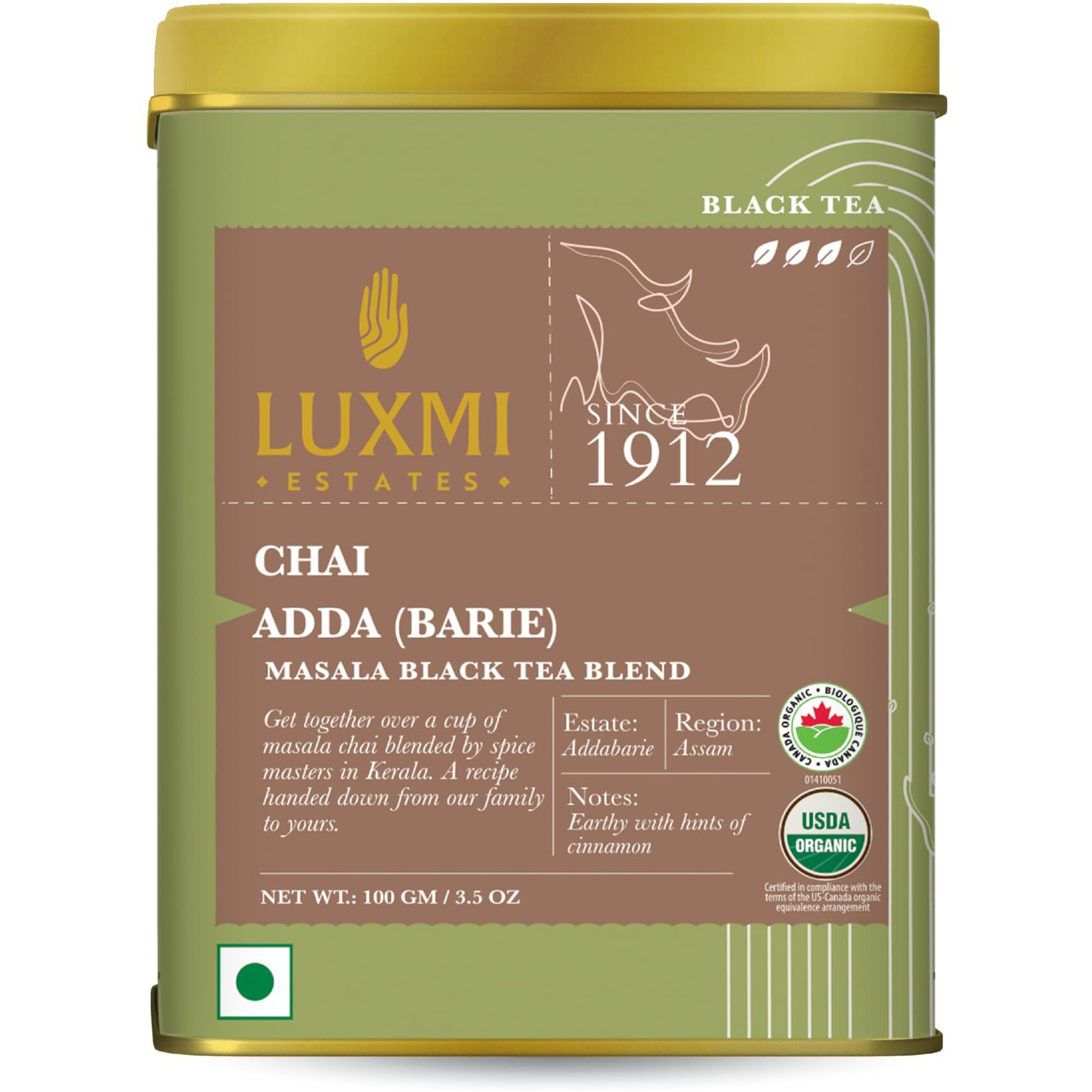 LUXMI Estates Masala Chai Powder 100Gm Pack | Chai Adda-Bari | Organic Black Tea | Strong, Robust & Aromatic Masala Chai | Indian Spice Chai Enriched With Cinnamon & Cardamom | Energy Booster