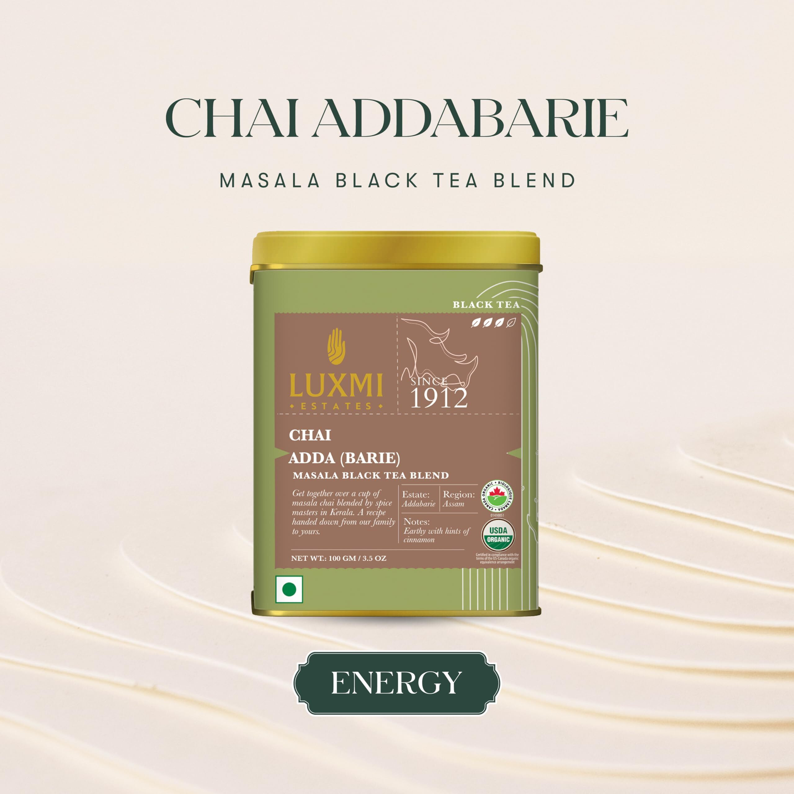 LUXMI Estates Masala Chai Powder 100Gm Pack | Chai Adda-Bari | Organic Black Tea | Strong, Robust & Aromatic Masala Chai | Indian Spice Chai Enriched With Cinnamon & Cardamom | Energy Booster