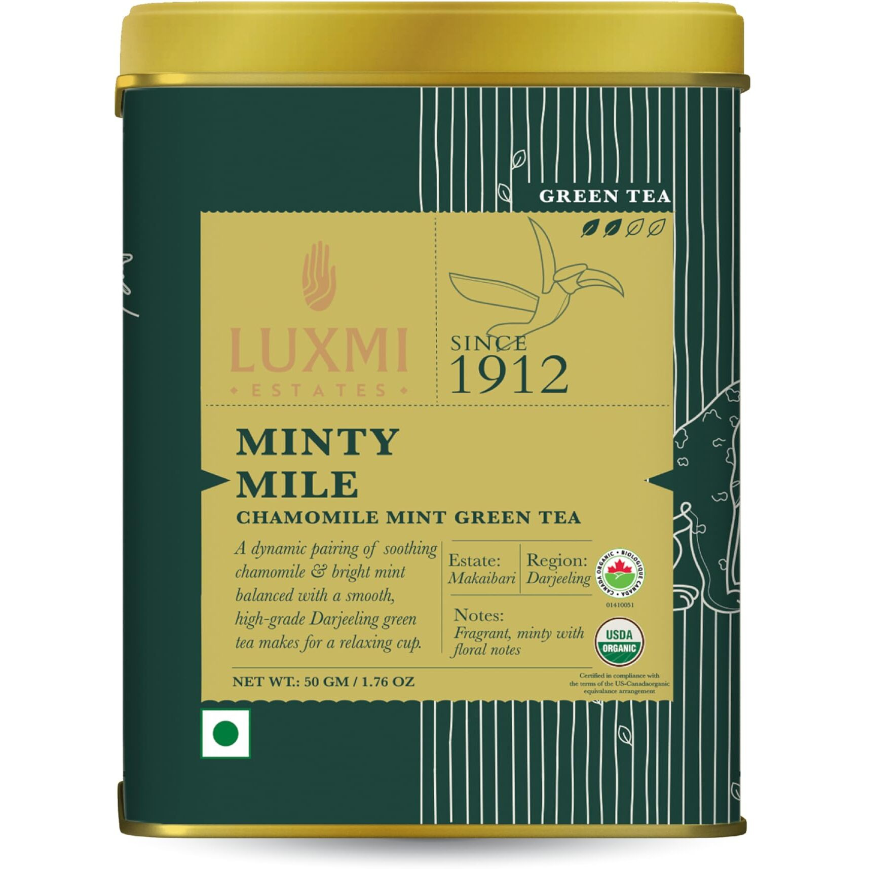 Luxmi Estates Minty Mile Chamomile Mint Green Tea 50gm Tin | USDA Certified Organic Green Tea | Low Caffeine Chamomile Tea | Mint Tea Bags Best for Night Time|Lemongrass,Spearmint