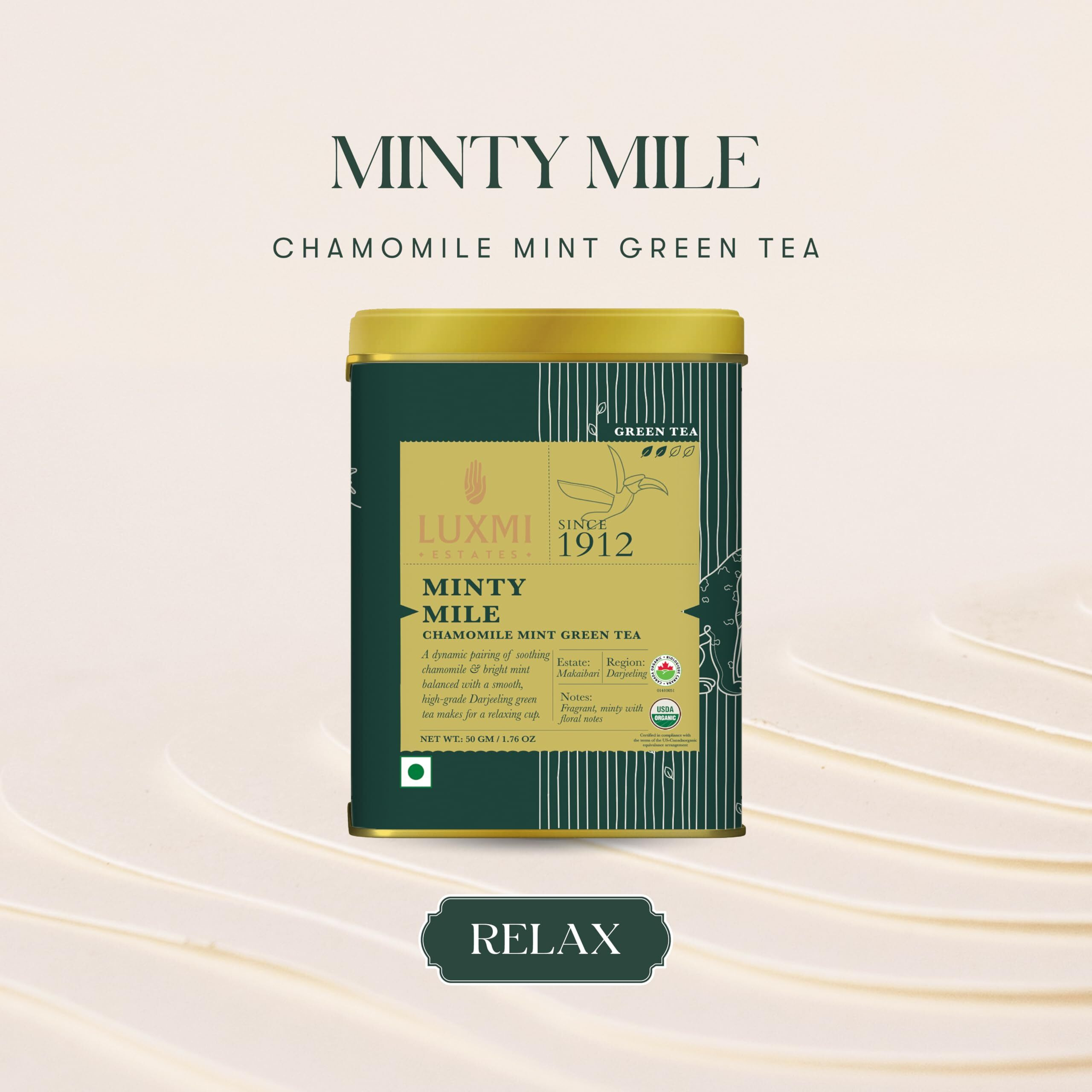 Luxmi Estates Minty Mile Chamomile Mint Green Tea 50gm Tin | USDA Certified Organic Green Tea | Low Caffeine Chamomile Tea | Mint Tea Bags Best for Night Time|Lemongrass,Spearmint