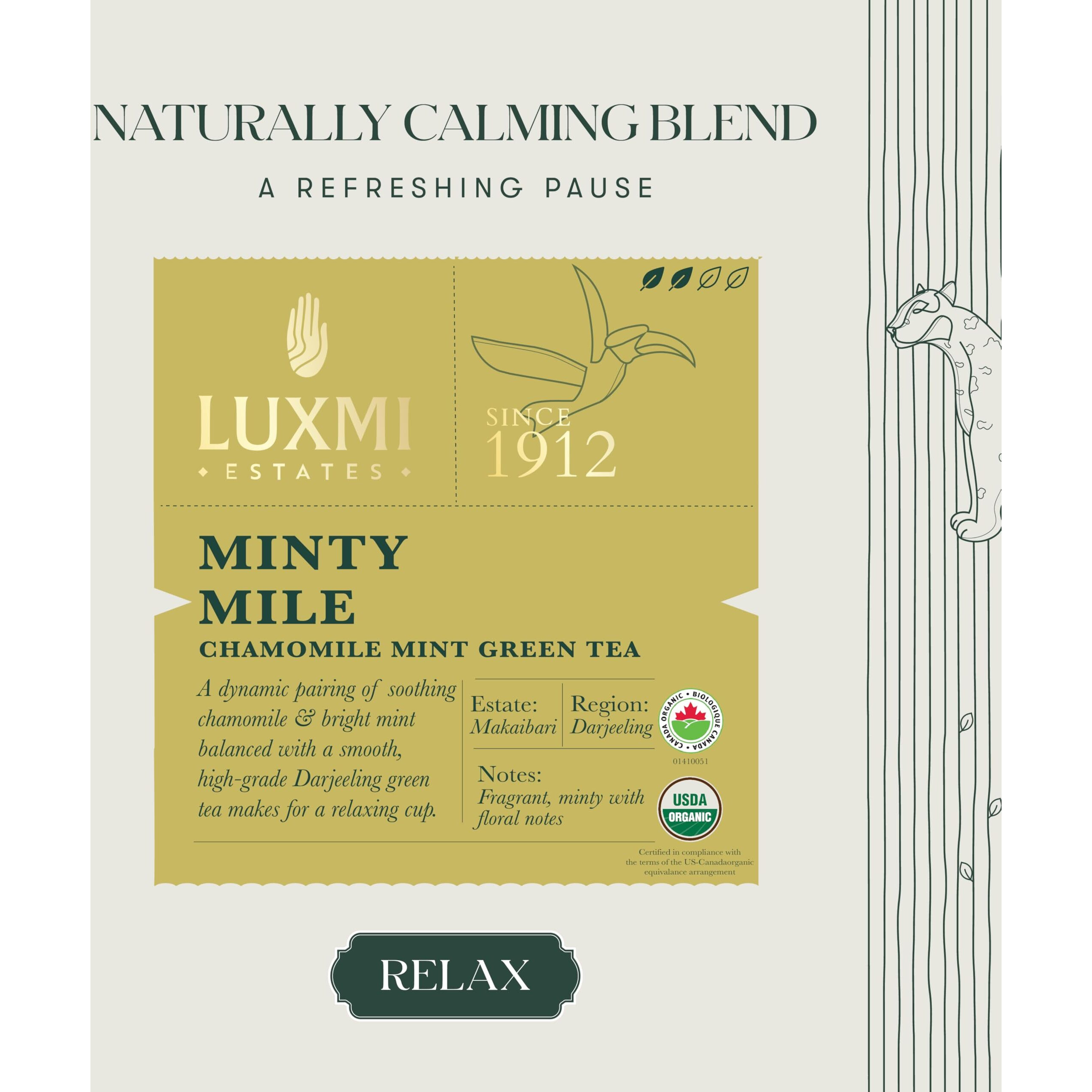 Luxmi Estates Minty Mile Chamomile Mint Green Tea 50gm Tin | USDA Certified Organic Green Tea | Low Caffeine Chamomile Tea | Mint Tea Bags Best for Night Time|Lemongrass,Spearmint