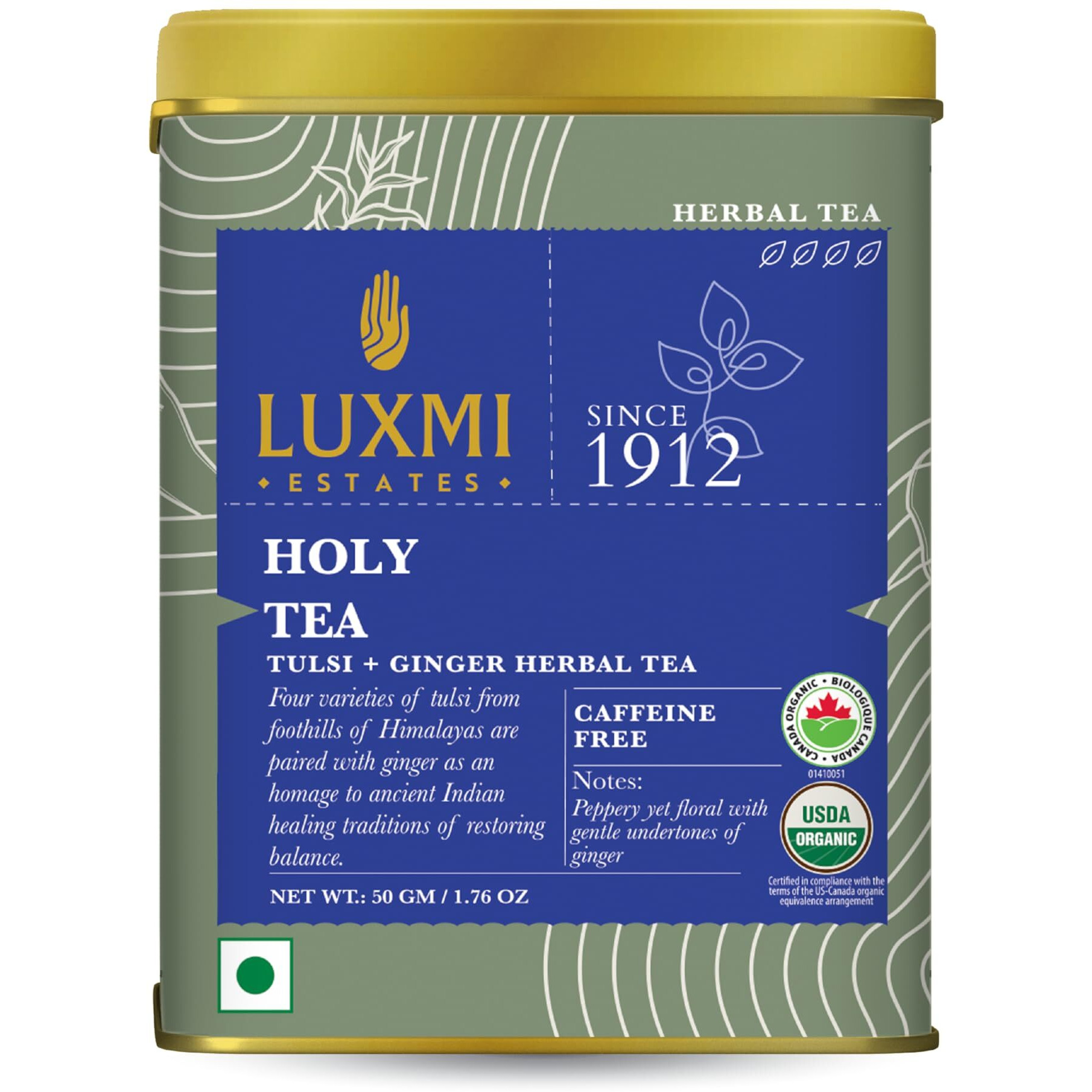 LUXMI Estates Holy Tea Powder 50Gm Tin |Usda Certified Organic Tulsi Tea|Tulsi + Ginger Herbal Tea|Caffeine Free|Ginger, Amla, Coriander,Ajwain,Spearmint