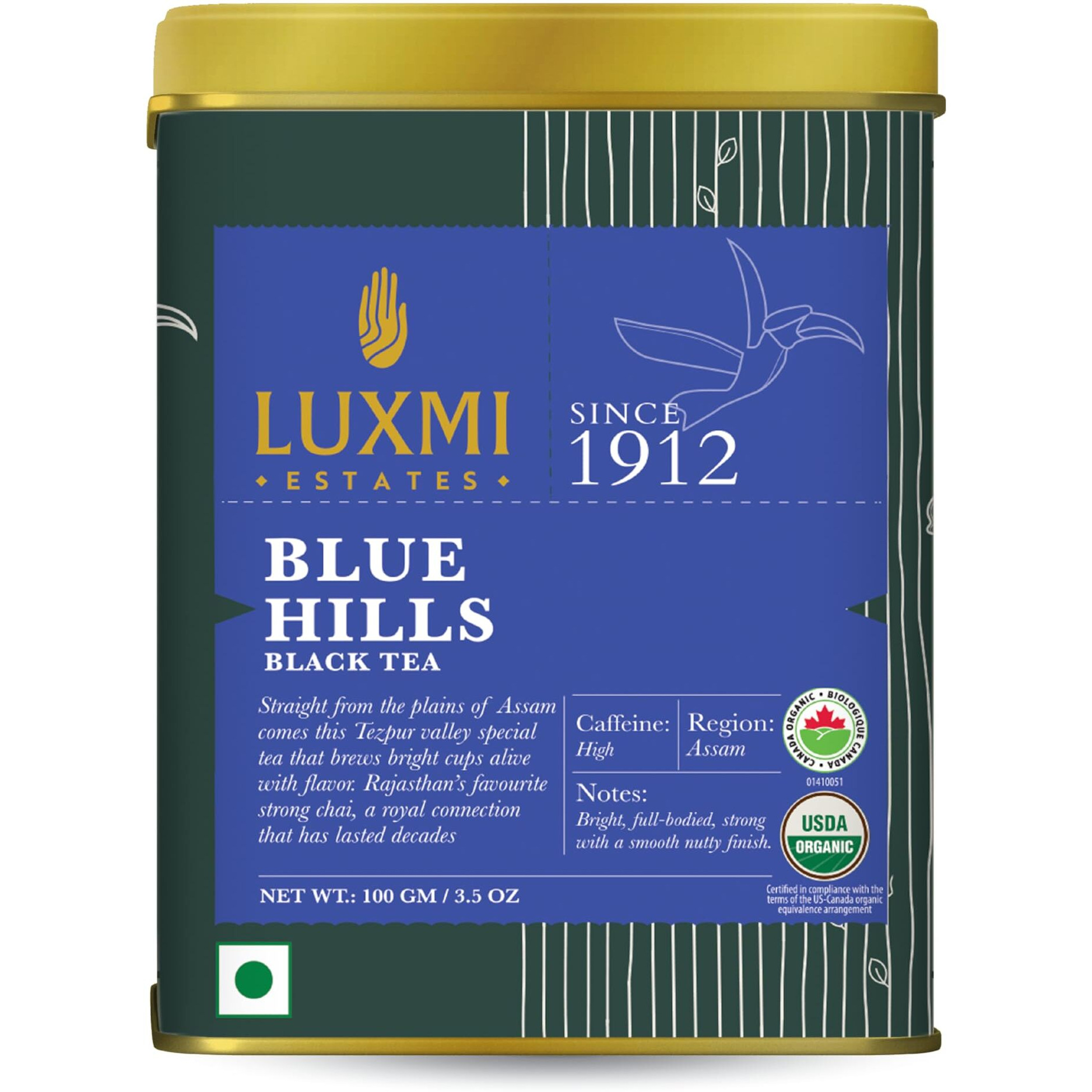 Luxmi Estates Blue Hills Black Tea Blend 100gm Pack | Organic Black CTC Tea | 50 Cups | Jodhpur Blend | Best For Milk Tea | Premium CTC Blended Tea With Leaf | Strong Assam Flavour | 100% Natural Teas