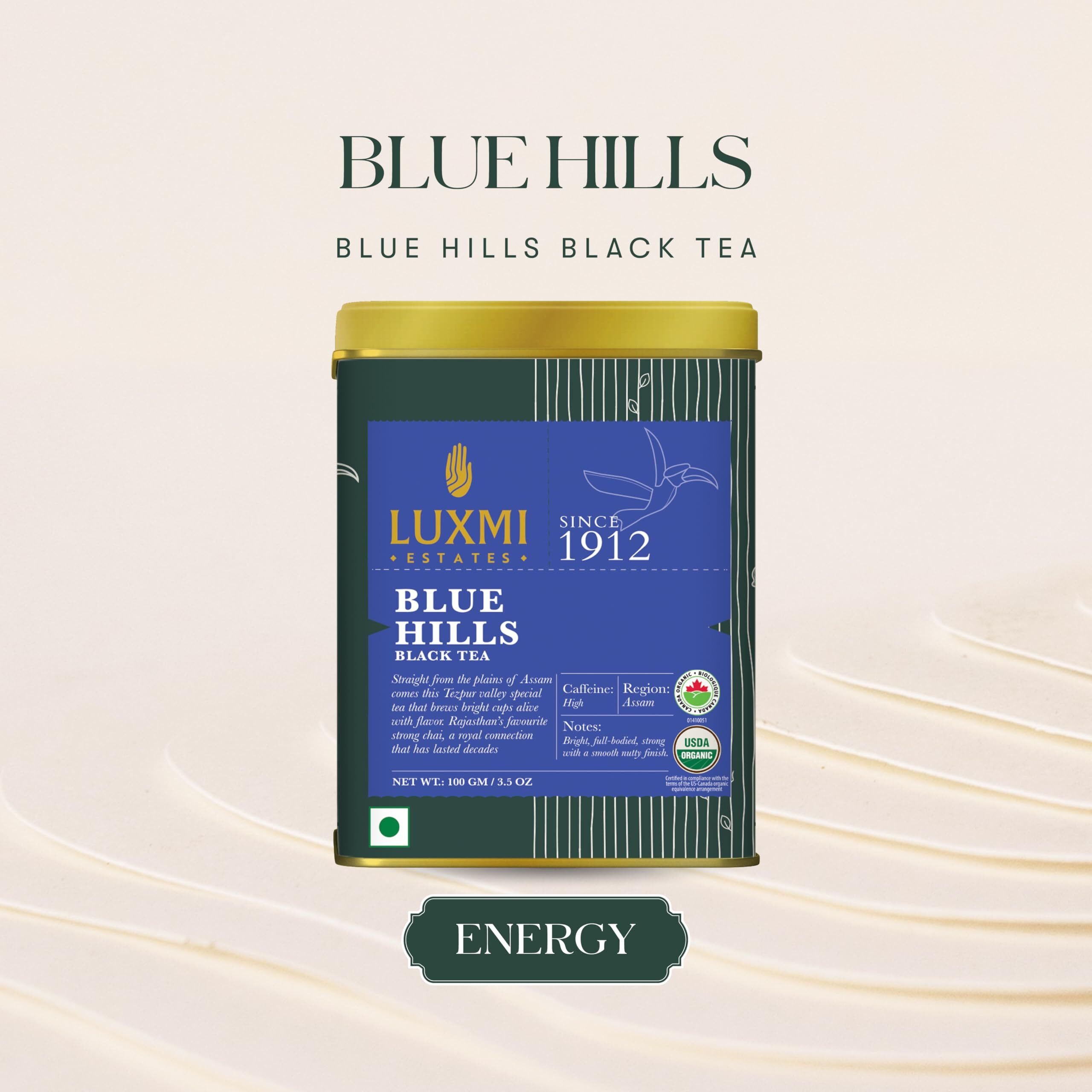 Luxmi Estates Blue Hills Black Tea Blend 100gm Pack | Organic Black CTC Tea | 50 Cups | Jodhpur Blend | Best For Milk Tea | Premium CTC Blended Tea With Leaf | Strong Assam Flavour | 100% Natural Teas