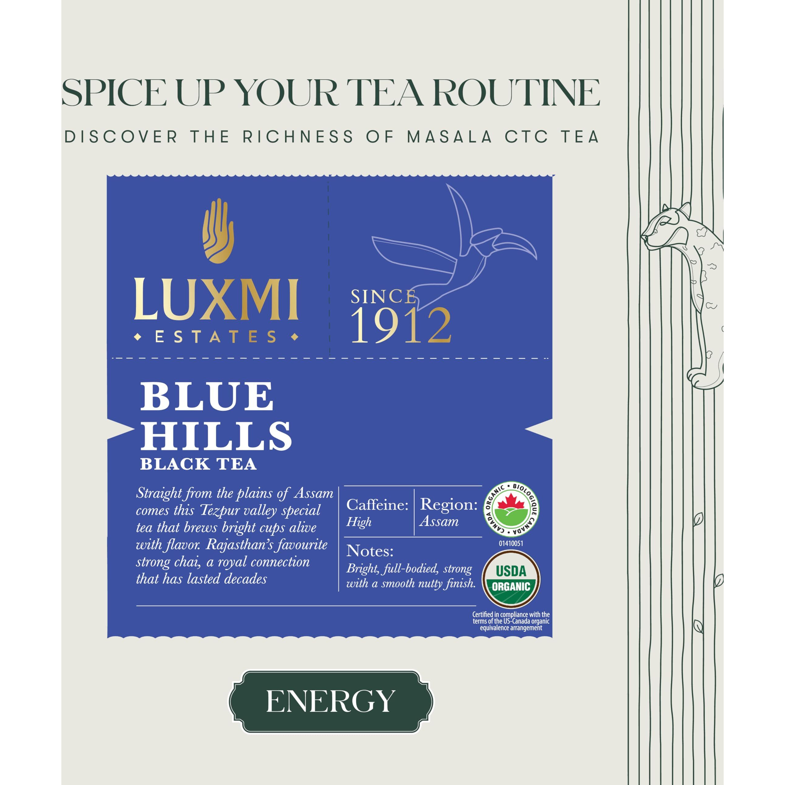 Luxmi Estates Blue Hills Black Tea Blend 100gm Pack | Organic Black CTC Tea | 50 Cups | Jodhpur Blend | Best For Milk Tea | Premium CTC Blended Tea With Leaf | Strong Assam Flavour | 100% Natural Teas