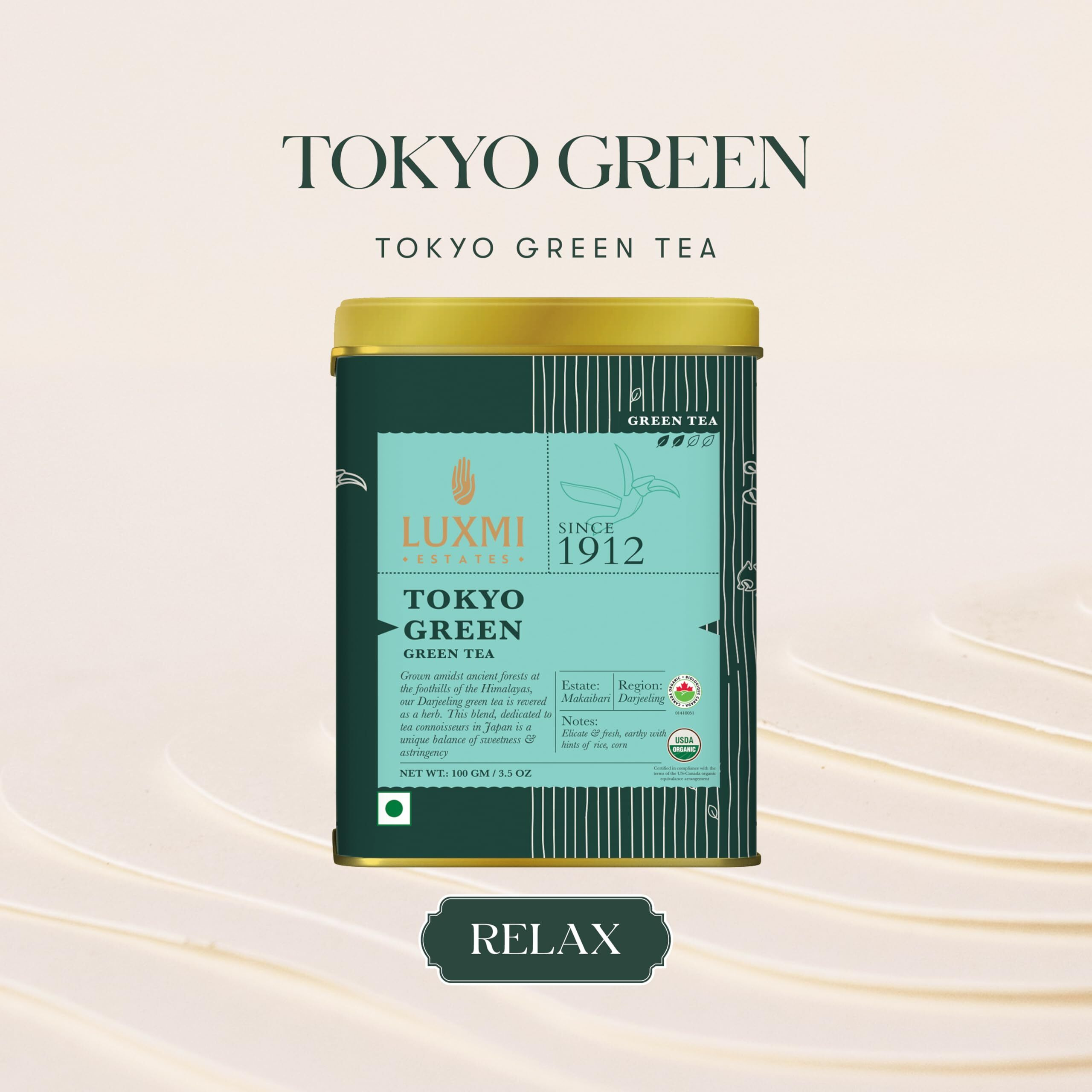 LUXMI Estates Tokyo Green Blend 100Gm Pack | Organic Green Tea | 50 Cups, Powder