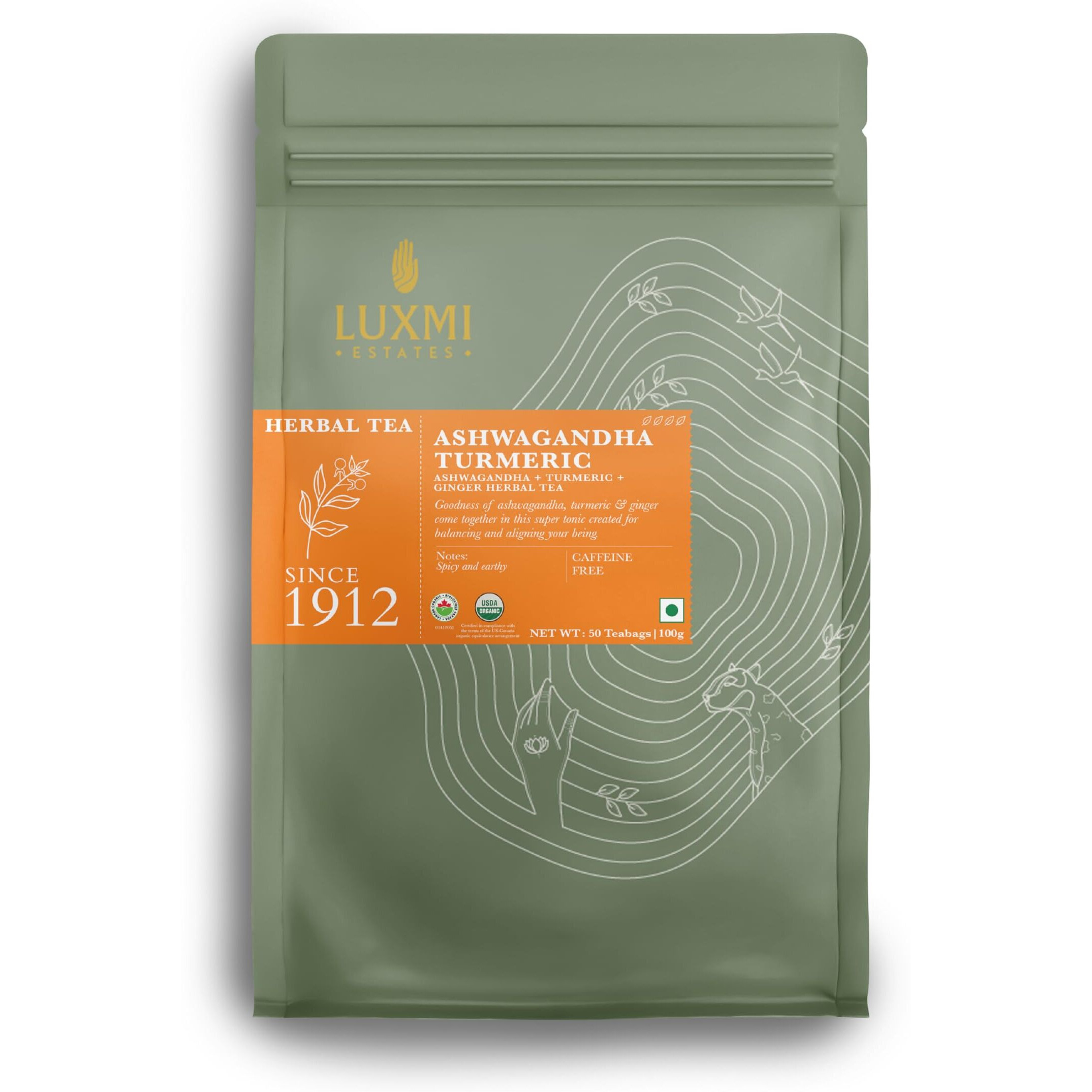 LUXMI Estates Astounding Ashwagandha Root Tea 50 Tea Bags (100 Gm) Pack | Certified Usda Organic Herbal Tea Bags For Stress Support | With Turmeric, Ginger, Lemongrass & More | 50 Cups