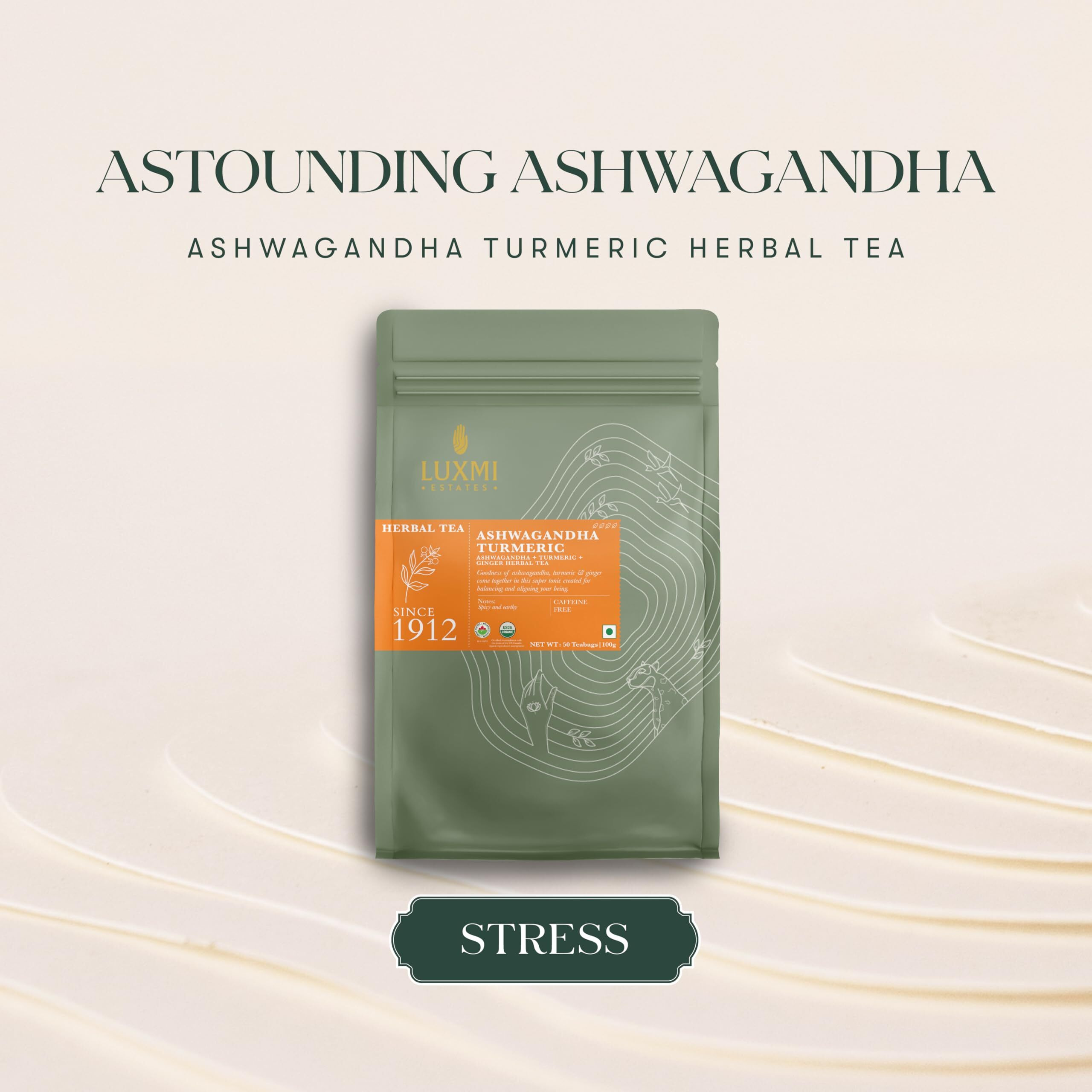 LUXMI Estates Astounding Ashwagandha Root Tea 50 Tea Bags (100 Gm) Pack | Certified Usda Organic Herbal Tea Bags For Stress Support | With Turmeric, Ginger, Lemongrass & More | 50 Cups