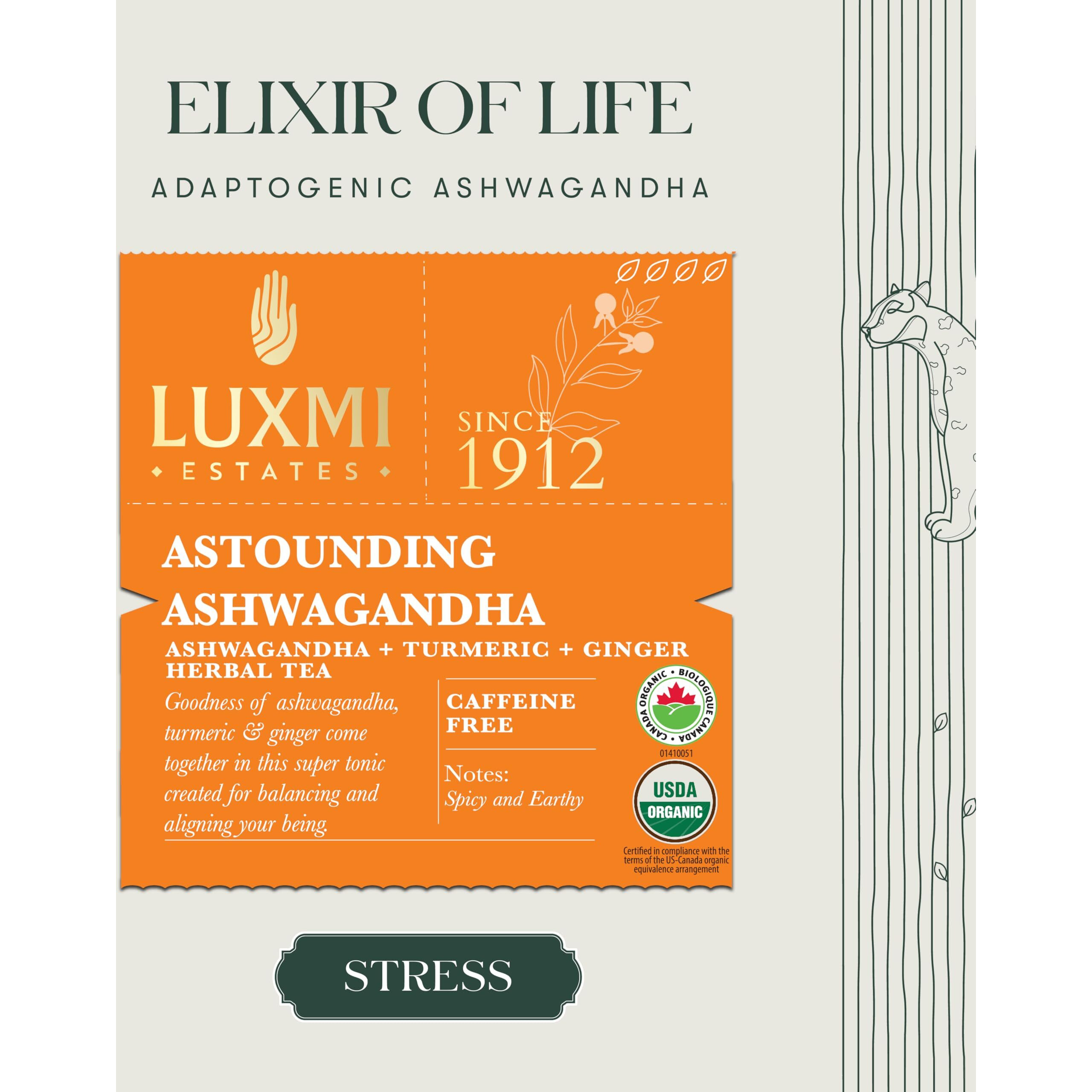 LUXMI Estates Astounding Ashwagandha Root Tea 50 Tea Bags (100 Gm) Pack | Certified Usda Organic Herbal Tea Bags For Stress Support | With Turmeric, Ginger, Lemongrass & More | 50 Cups