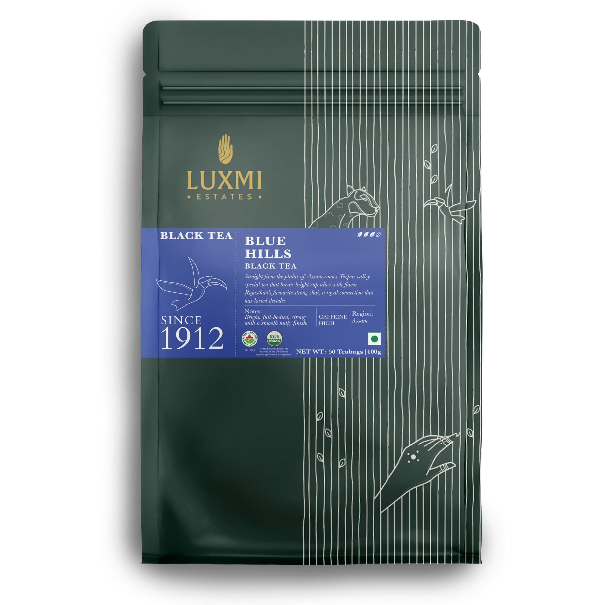 LUXMI Estates Blue Hills Black Tea Blend 50 Tea Bags Pack | Organic Black Ctc Tea | 50 Cups | Jodhpur Blend | Blended Tea With Leaf | Strong Assam Flavour | 100% Natural Teas, 132 Gram