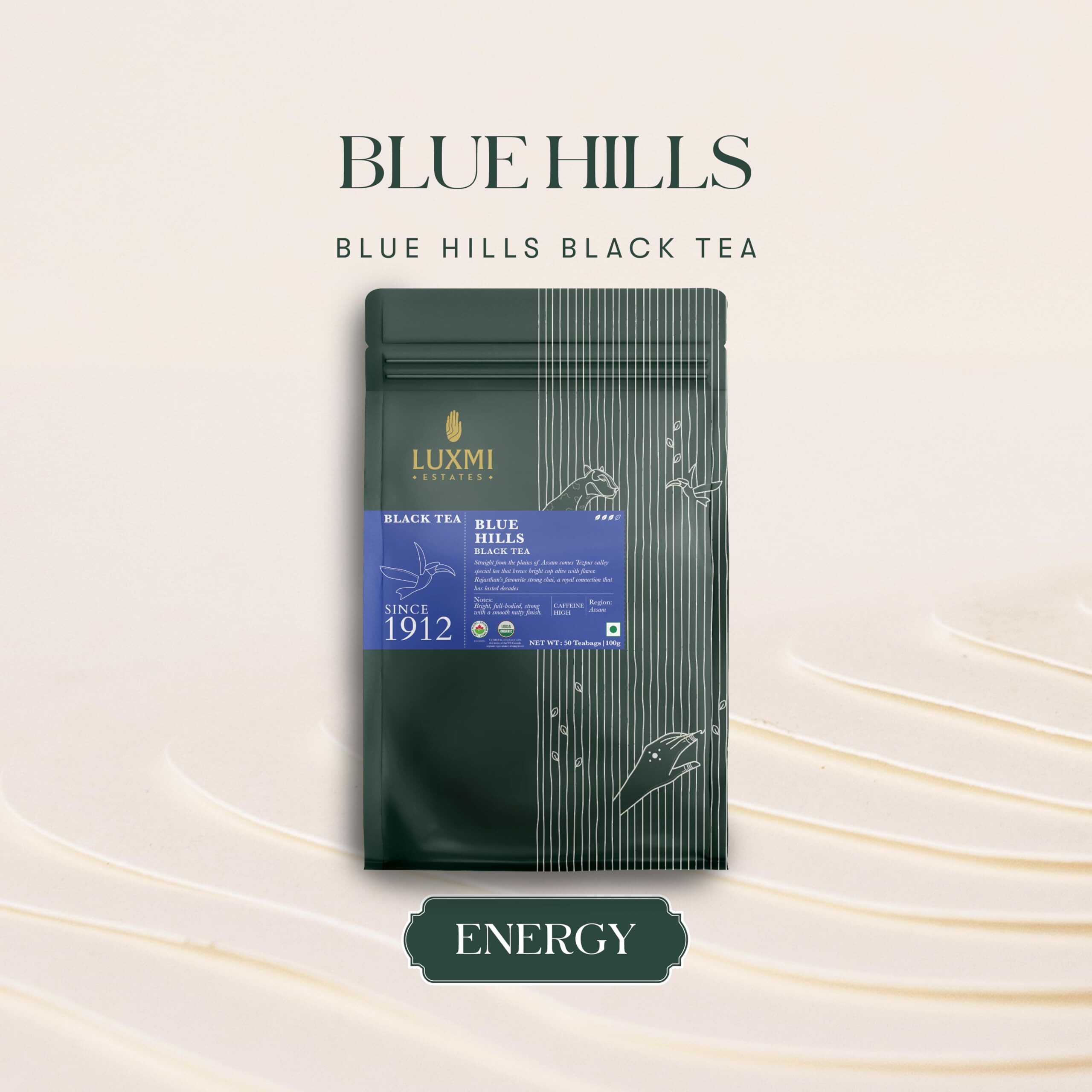 LUXMI Estates Blue Hills Black Tea Blend 50 Tea Bags Pack | Organic Black Ctc Tea | 50 Cups | Jodhpur Blend | Blended Tea With Leaf | Strong Assam Flavour | 100% Natural Teas, 132 Gram