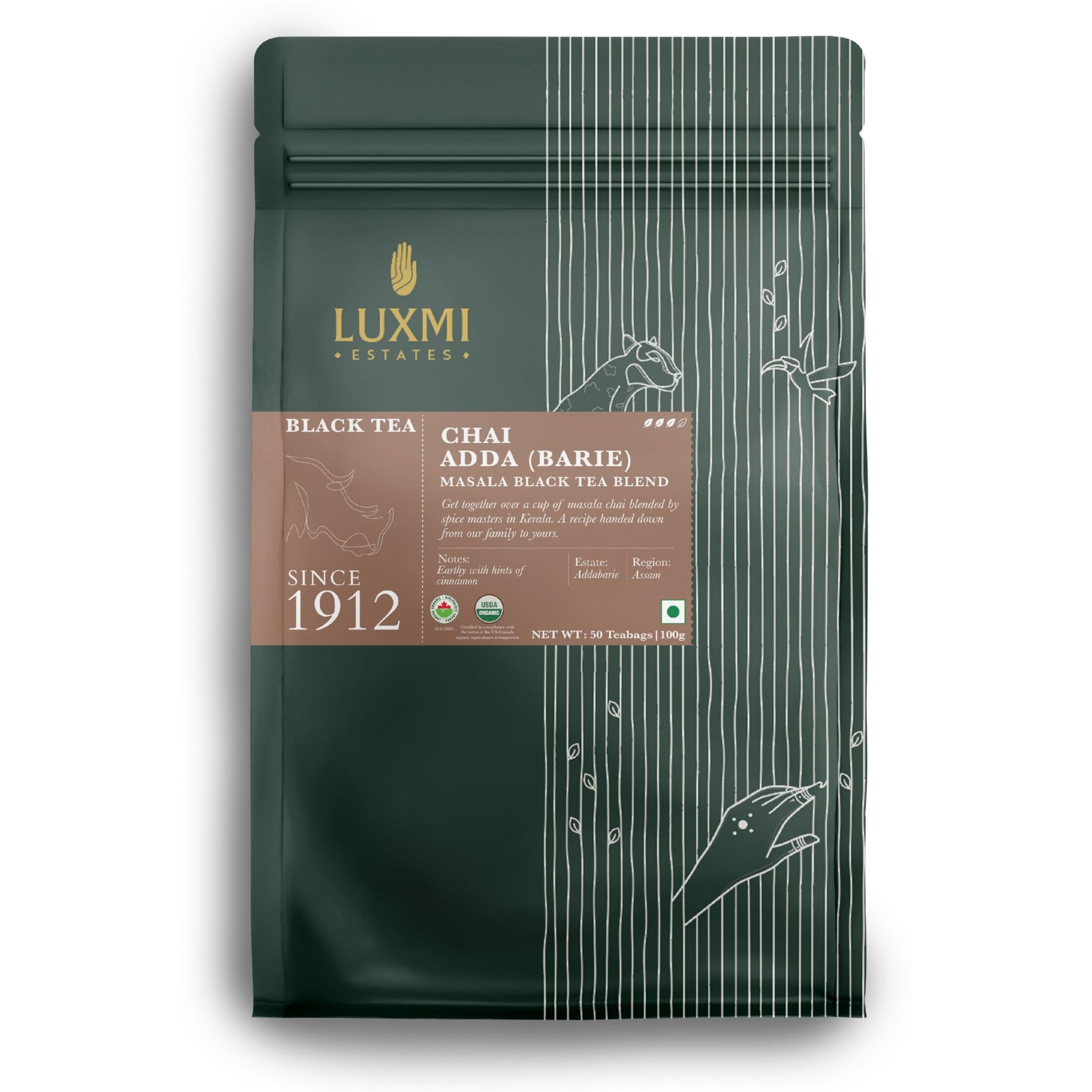 LUXMI Estates Masala Chai 50 Tea Bags (100 Gm) Pack | Chai Adda-Bari | Certified Organic Black Tea | Strong, Robust & Aromatic Masala Chai | Resealable, Zipper Pouch | Indian Spice Chai Tea