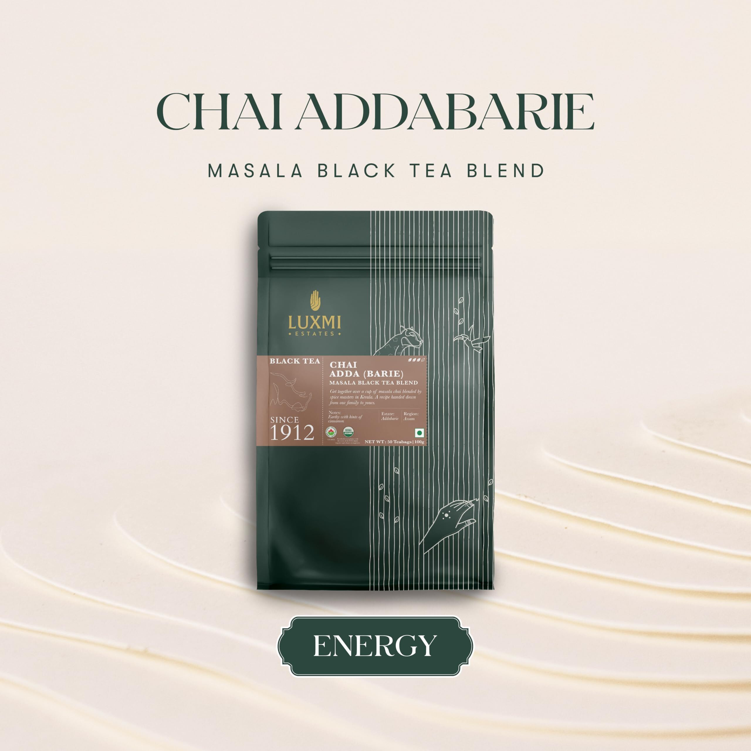 LUXMI Estates Masala Chai 50 Tea Bags (100 Gm) Pack | Chai Adda-Bari | Certified Organic Black Tea | Strong, Robust & Aromatic Masala Chai | Resealable, Zipper Pouch | Indian Spice Chai Tea