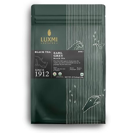 Luxmi Estates Garo Hills Organic Earl Grey Black Tea 50 Tea Bags (100gm) Pack | USDA Organic - Earl Grey Tea Bags | 100% Natural Bergamot Extracts | 50 Cups |Assam Black Tea