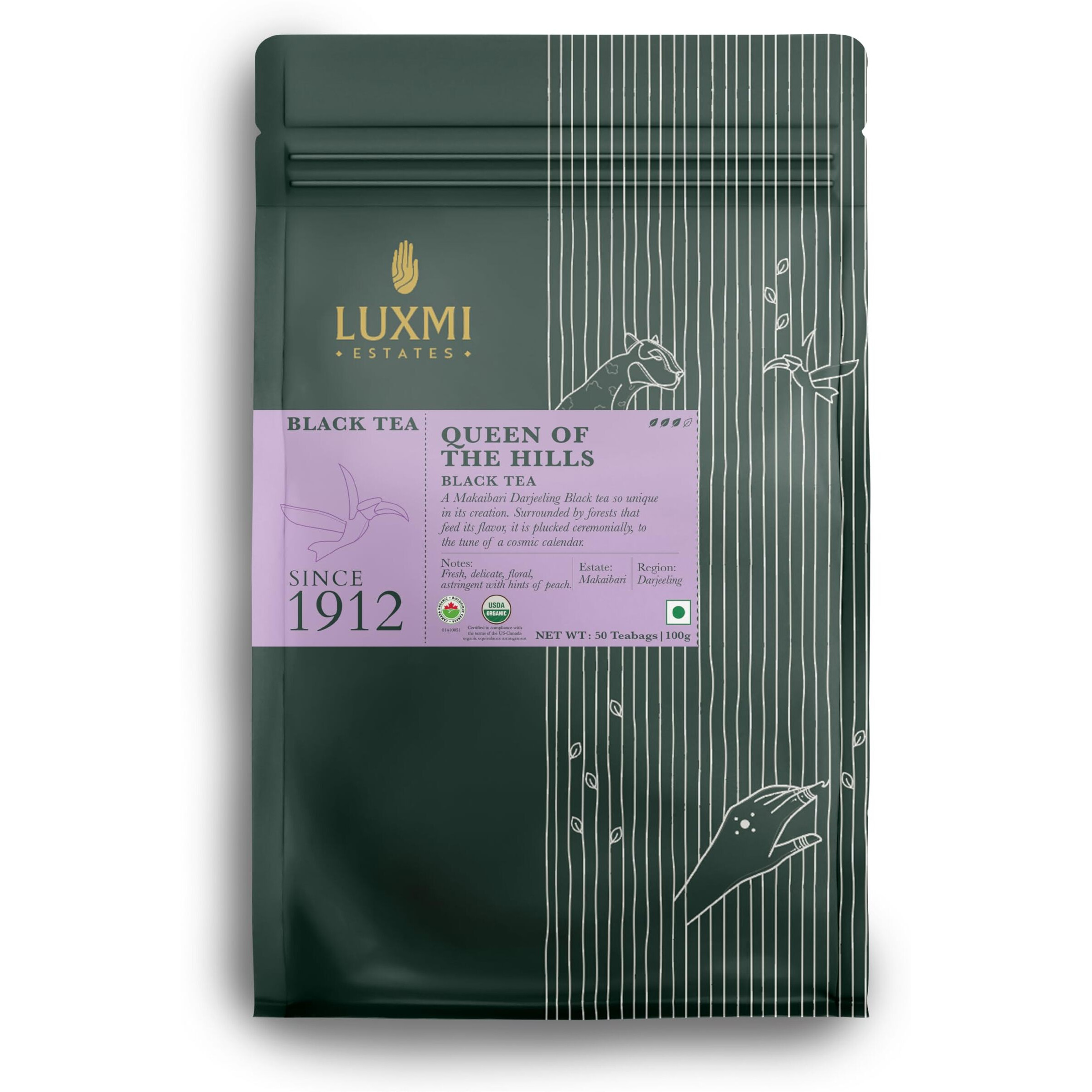 Luxmi Estates Queens Black Tea Blend 50 Tea Bags (100gm) Pack | Certified Organic Black Tea | Kosher, Gluten Free | No Additives | 50 Cups