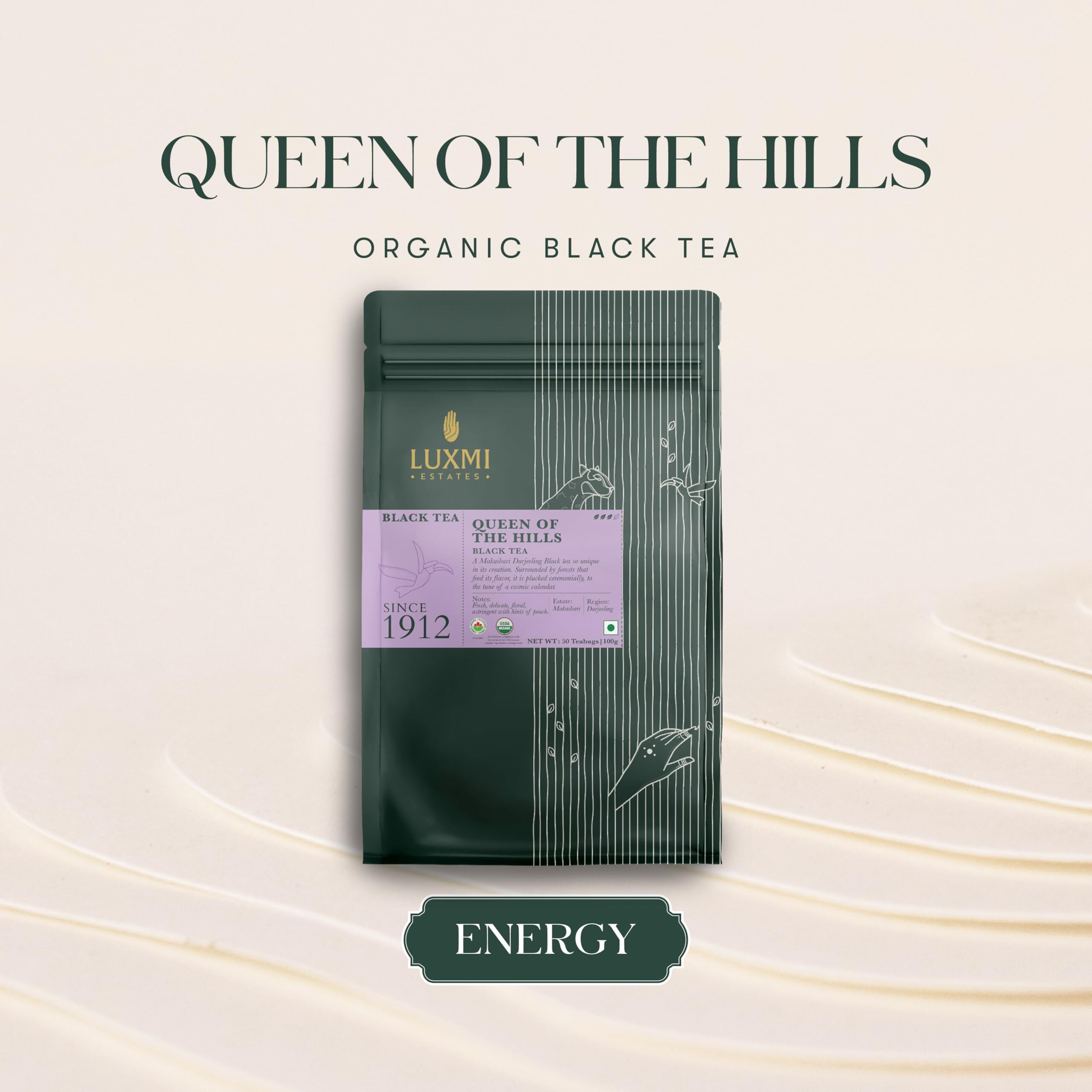 Luxmi Estates Queens Black Tea Blend 50 Tea Bags (100gm) Pack | Certified Organic Black Tea | Kosher, Gluten Free | No Additives | 50 Cups