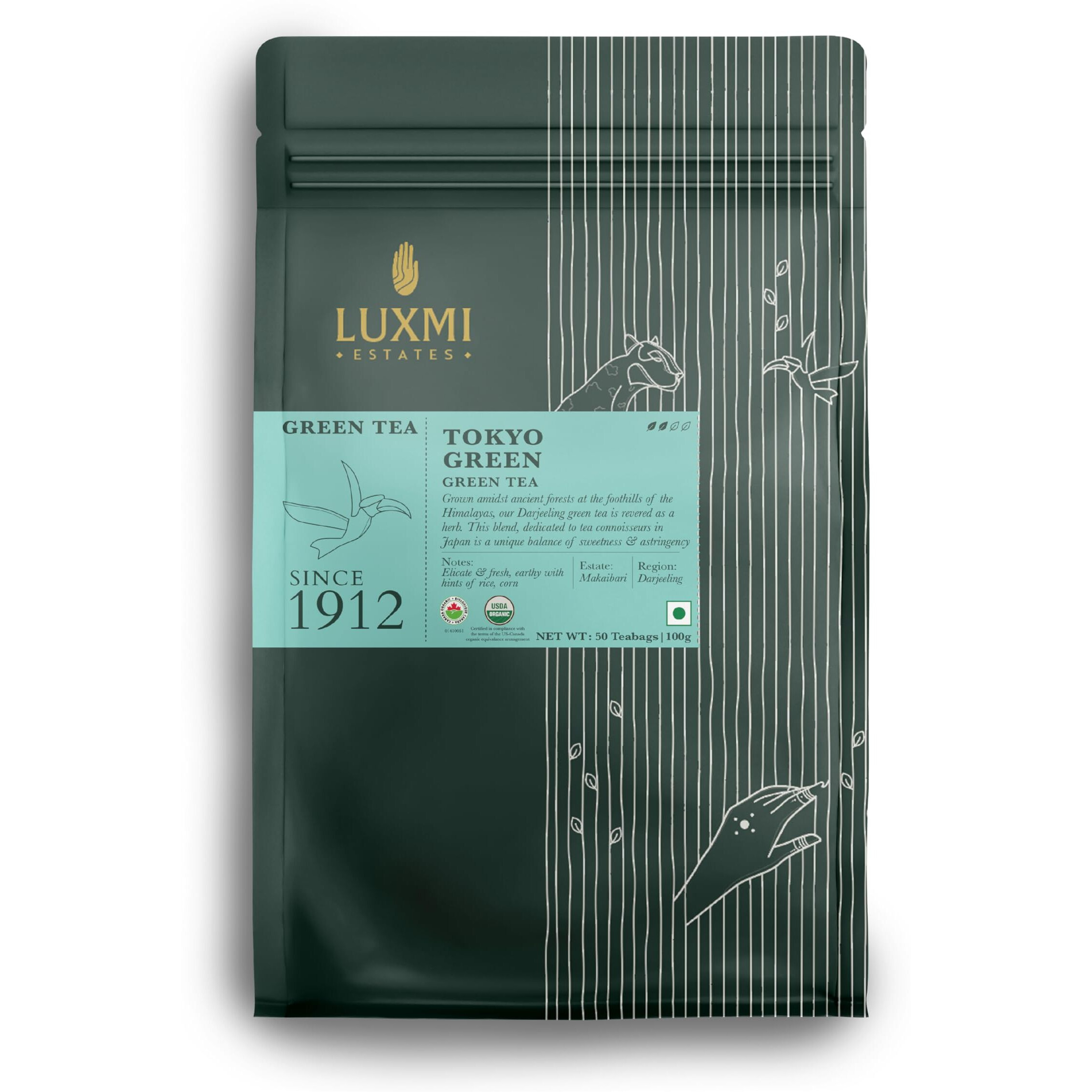 Luxmi Estates Tokyo Green Blend 50 Tea Bags (100gm) Pack | Low Caffeine Organic Green Tea | Stress Relieving & Refreshing | Immunity Booster | Rich in Antioxidants