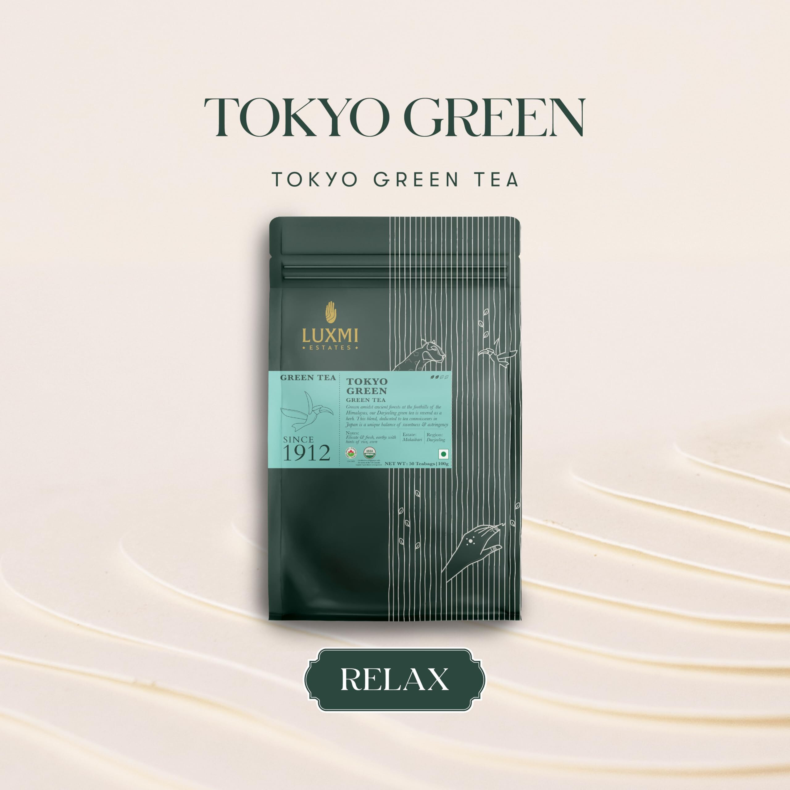 Luxmi Estates Tokyo Green Blend 50 Tea Bags (100gm) Pack | Low Caffeine Organic Green Tea | Stress Relieving & Refreshing | Immunity Booster | Rich in Antioxidants