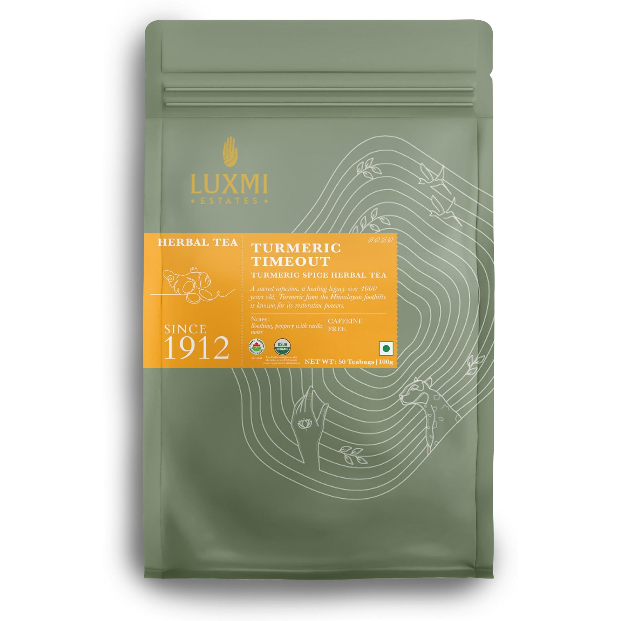 LUXMI Estates Turmeric Time-Out Herbal Tea 50 Bags (100 Gram) Pack|Certified Usda Organic Herbal Tea|With Turmeric, Ginger, Cardamom, Black Pepper|(50 Cups Bulk Pack)