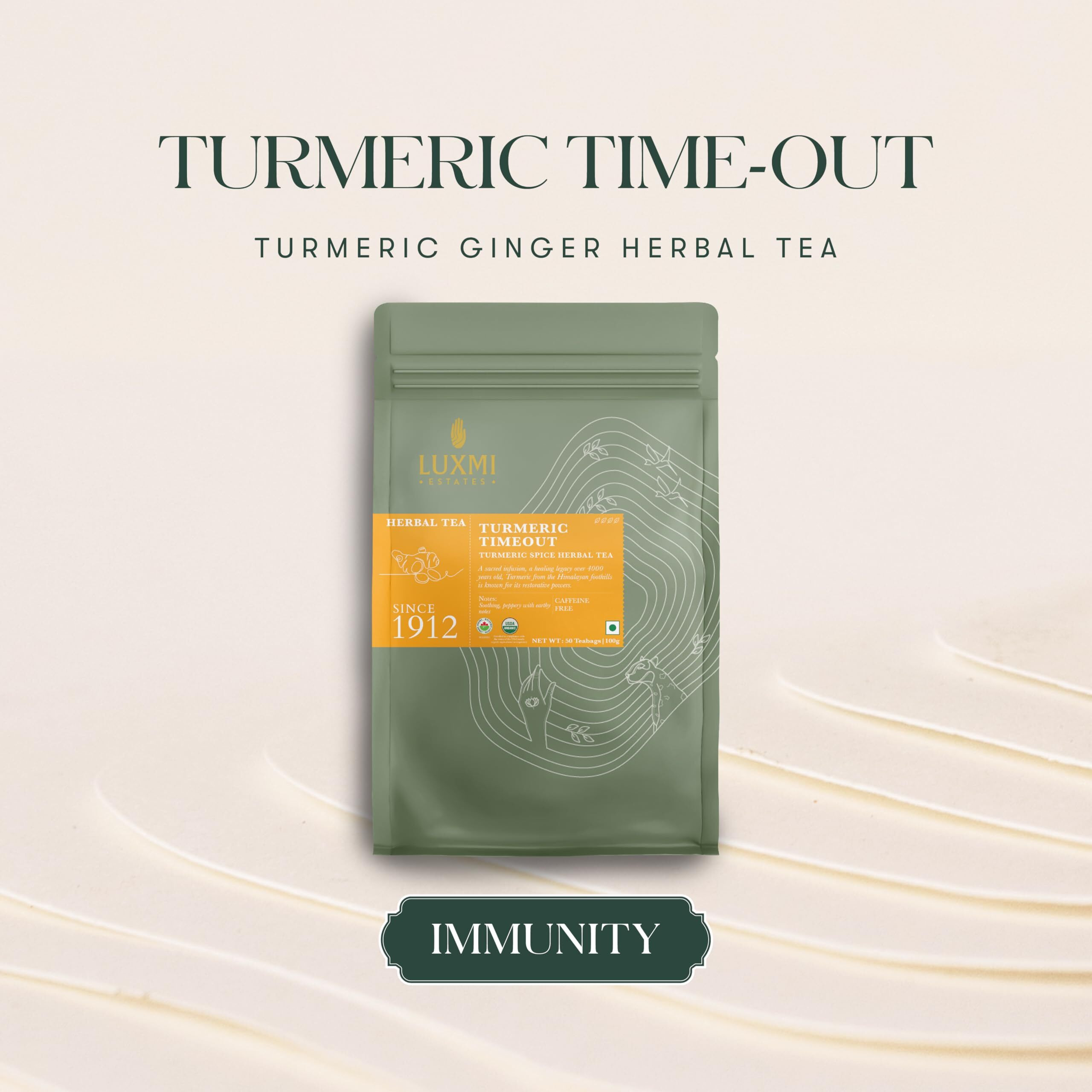 LUXMI Estates Turmeric Time-Out Herbal Tea 50 Bags (100 Gram) Pack|Certified Usda Organic Herbal Tea|With Turmeric, Ginger, Cardamom, Black Pepper|(50 Cups Bulk Pack)