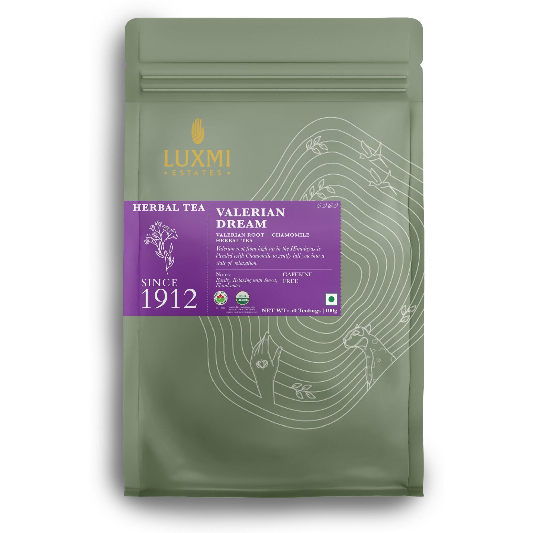 Luxmi Estates Valerian Dream Night Time Herbal Tea 50 Tea Bags (100g) Pack | with Chamomile, Lavender & Valerian Root | USDA Organic, Non-GMO, Caffeine Free | Wellness Sleep Tea | 50 Cups Bulk Pack