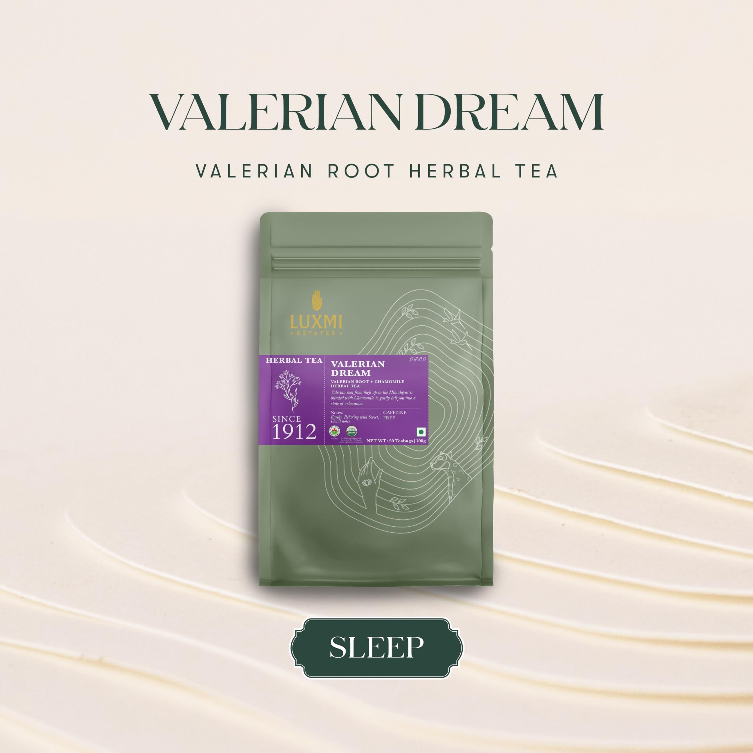 Luxmi Estates Valerian Dream Night Time Herbal Tea 50 Tea Bags (100g) Pack | with Chamomile, Lavender & Valerian Root | USDA Organic, Non-GMO, Caffeine Free | Wellness Sleep Tea | 50 Cups Bulk Pack