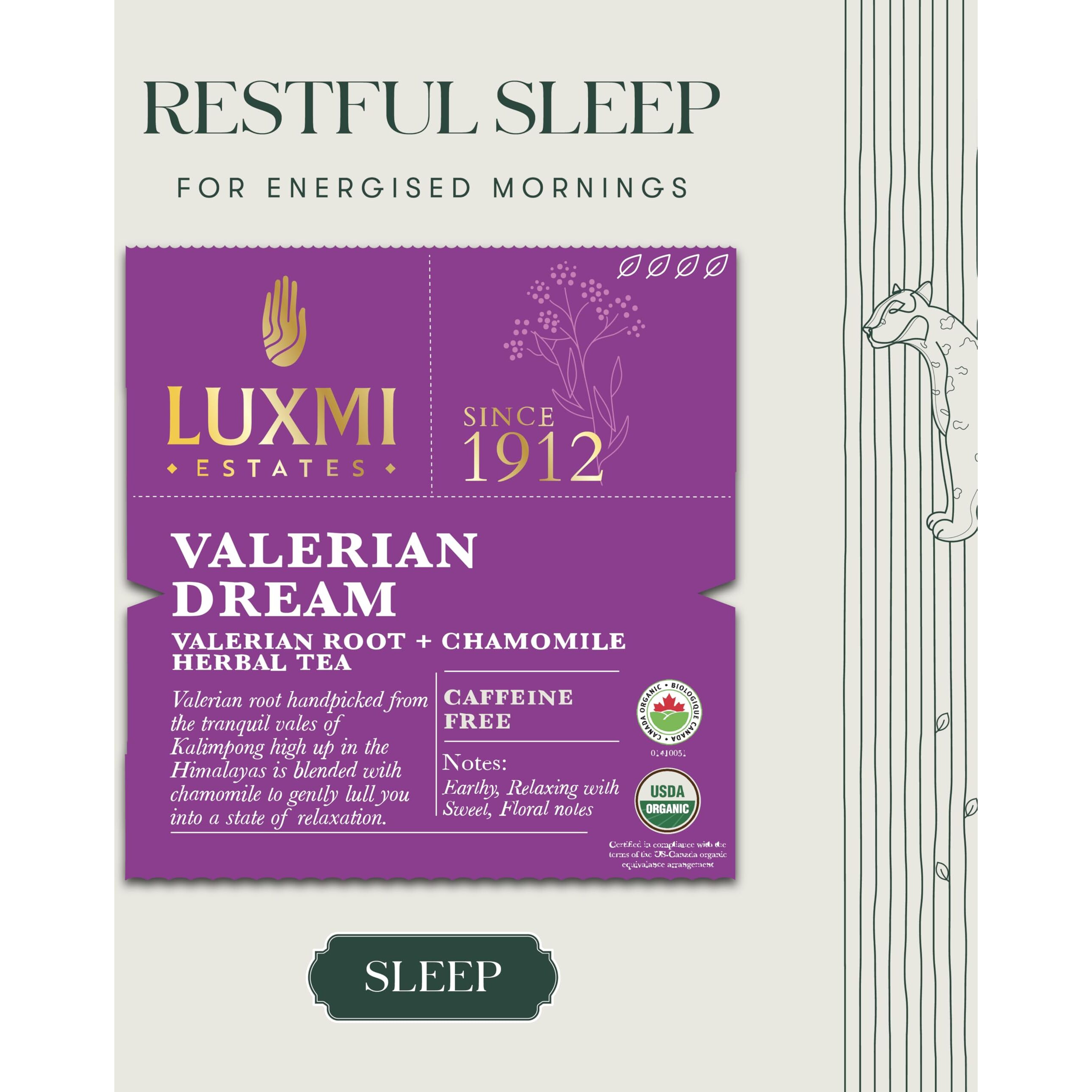 Luxmi Estates Valerian Dream Night Time Herbal Tea 50 Tea Bags (100g) Pack | with Chamomile, Lavender & Valerian Root | USDA Organic, Non-GMO, Caffeine Free | Wellness Sleep Tea | 50 Cups Bulk Pack