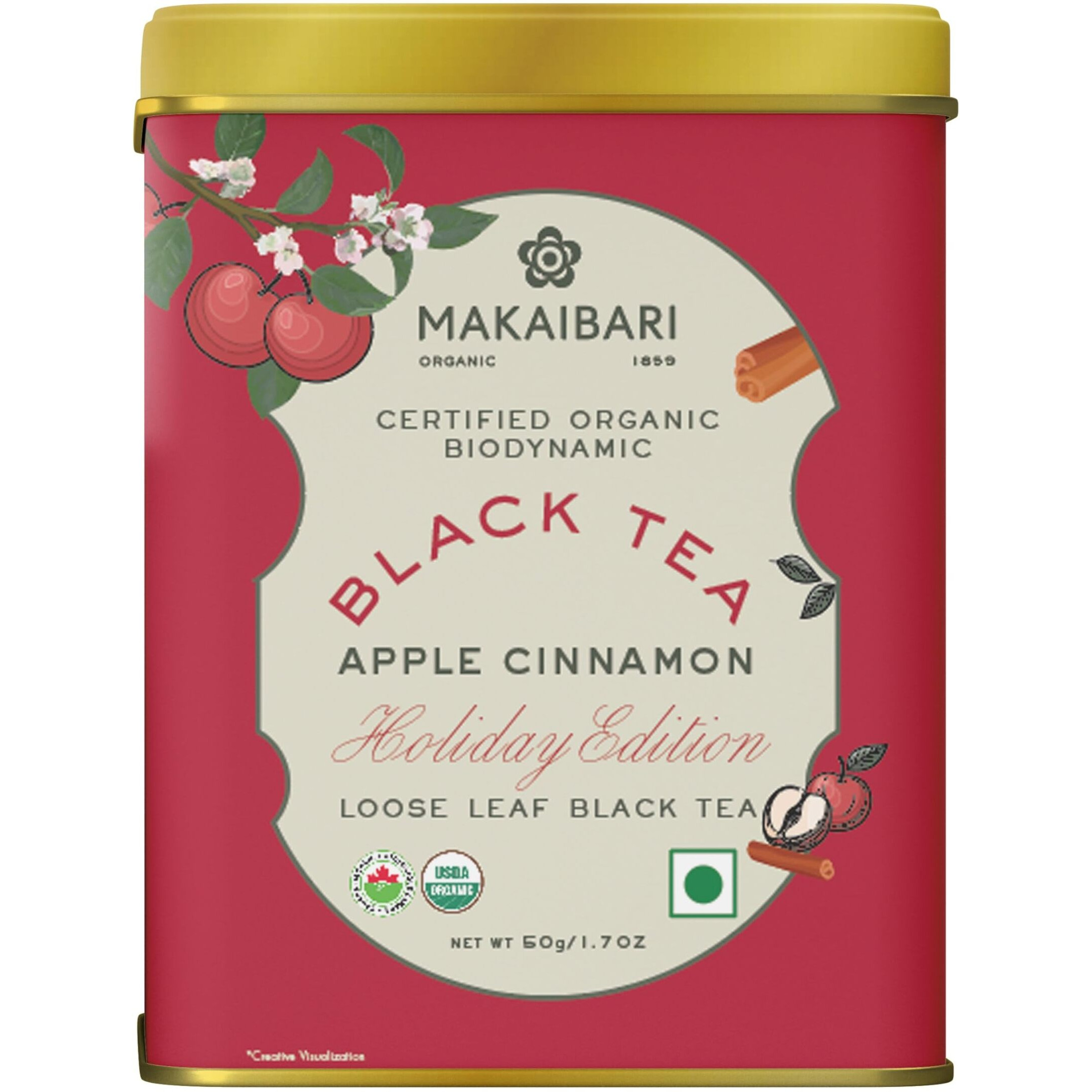 Makaibari Holiday Edition  Apple Cinnamon Black Tea | Usda Certified Premium Black Tea | Anti-Oxidants, Immunity Booster | Tin Caddy, Loose Leaves - 50 Gm