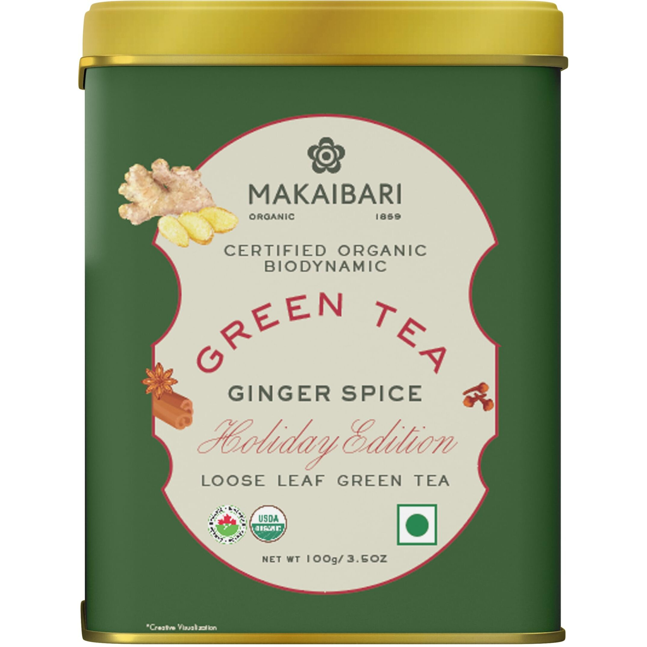 Makaibari Holiday Edition  Ginger Spice Green Tea | Usda Certified Premium Green Tea, Loose Leaves | Anti-Oxidants, Immunity Booster | Tin Caddy | 100 Gm