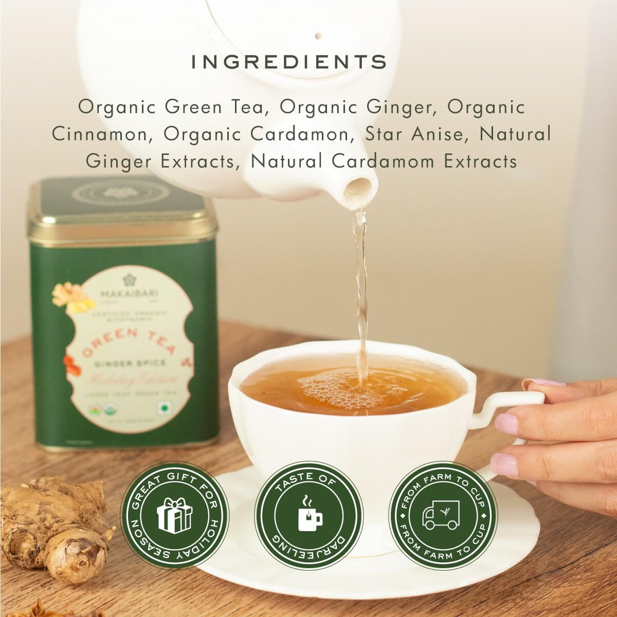 Makaibari Holiday Edition  Ginger Spice Green Tea | Usda Certified Premium Green Tea, Loose Leaves | Anti-Oxidants, Immunity Booster | Tin Caddy | 100 Gm